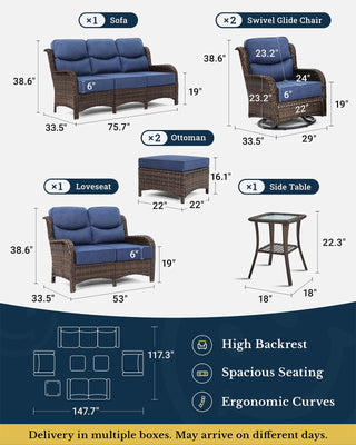 Luxury Patio Furniture Set with 6-inch Thick Cushion, Outdoor Couch, Loveseat and High Back Swivel Rocker Patio Chairs, 7PCS Wicker Conversation Set for Deck Yard and Poolside, Blue (V2)