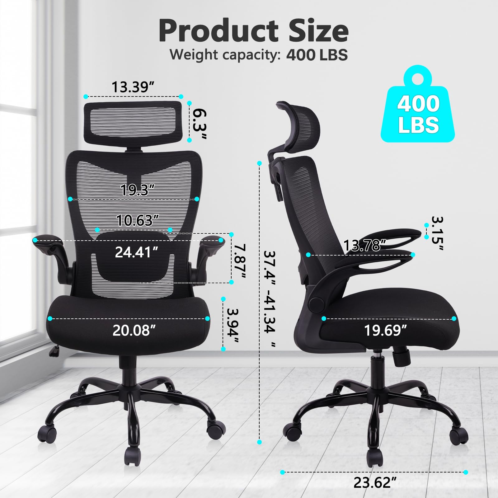 Heavy Duty Ergonomic Mesh Office Chair 400LBS, Big and Tall Desk Chair with Adjustable Lumbar Support & Headrest, Flip Up Padded Arms, Swivel Computer Chair for Home, Study, Conference, Black