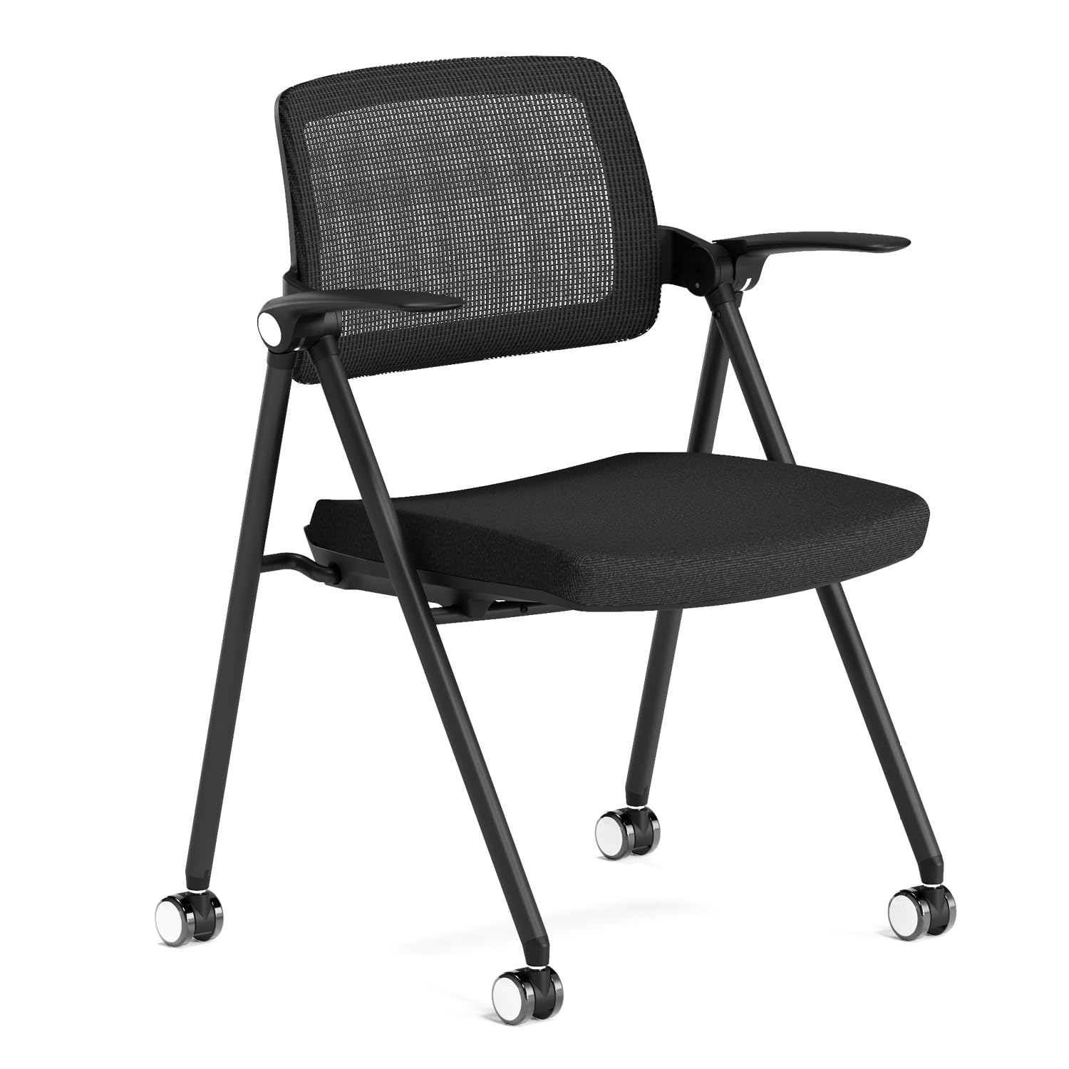 Stackable & Foldable Office Chair, Folding Desk Chair with Flip-Up Armrest, Breathable Mesh, Thick Seat Cushion & Rocking Backrest, Conference Room Chair with Wheel (Black，1)