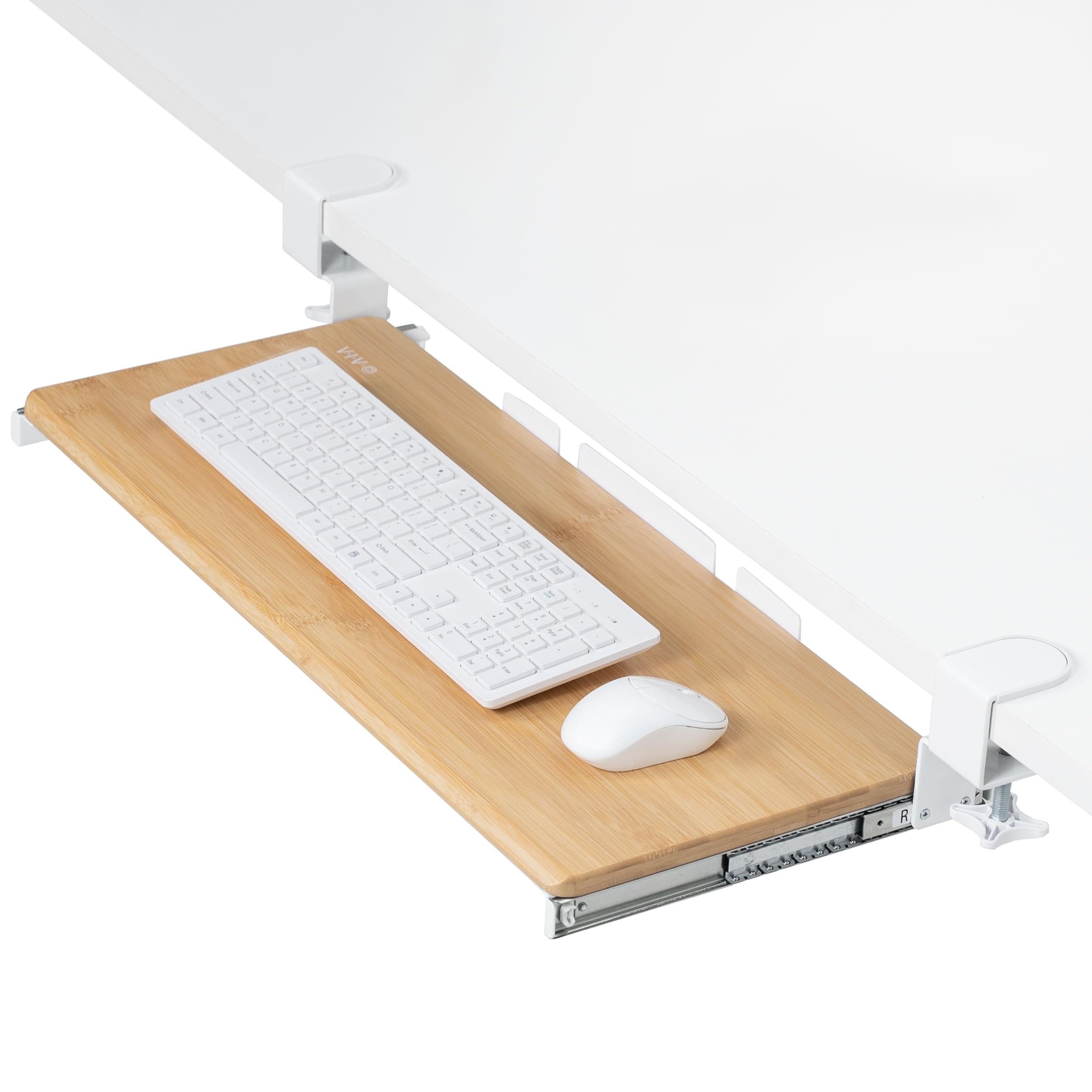Large Clamp-on Computer Keyboard and Mouse Under Desk Slider Tray, 27 x 11 inch Pull Out Platform Drawer, Bamboo, MOUNT-KB05O