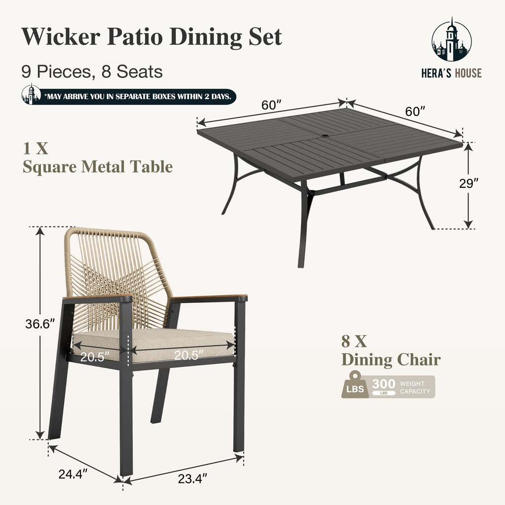 9 Pieces Patio Table and Chairs Set, Outdoor Dining Set for 8, 8 x Rattan Patio Chairs and 1 x 60 Square Metal Dining Table, Outdoor Rattan Dining Table Set for Lawn Garden Backyard