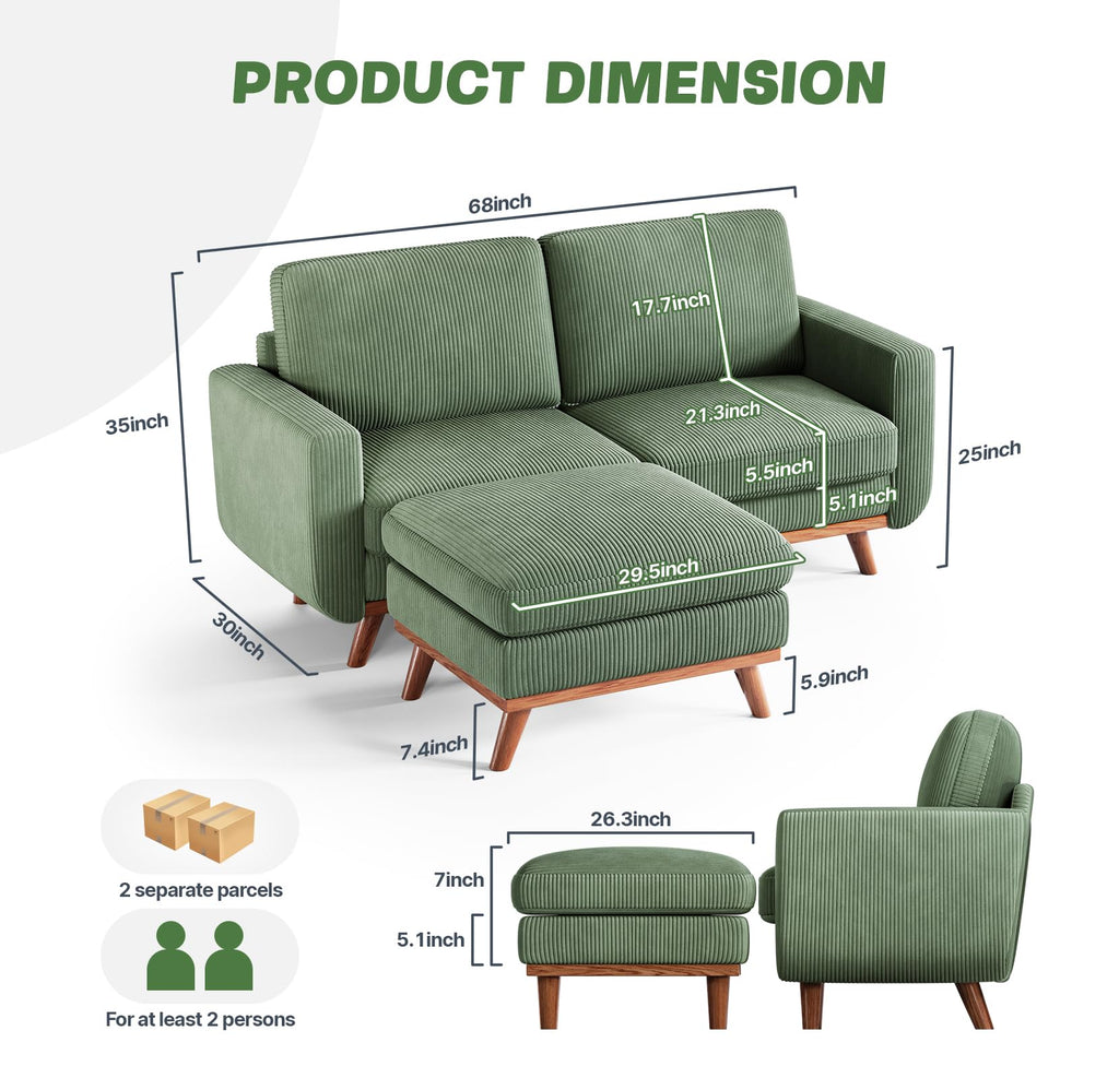 68" Loveseat Sofa with Movable Ottoman, Comfy Corduroy Couch with Spring Cushion, Sofa Couch with Solid Wood, Modern Office Sofa with Deep Seat for Living Room and Bedroom, Green
