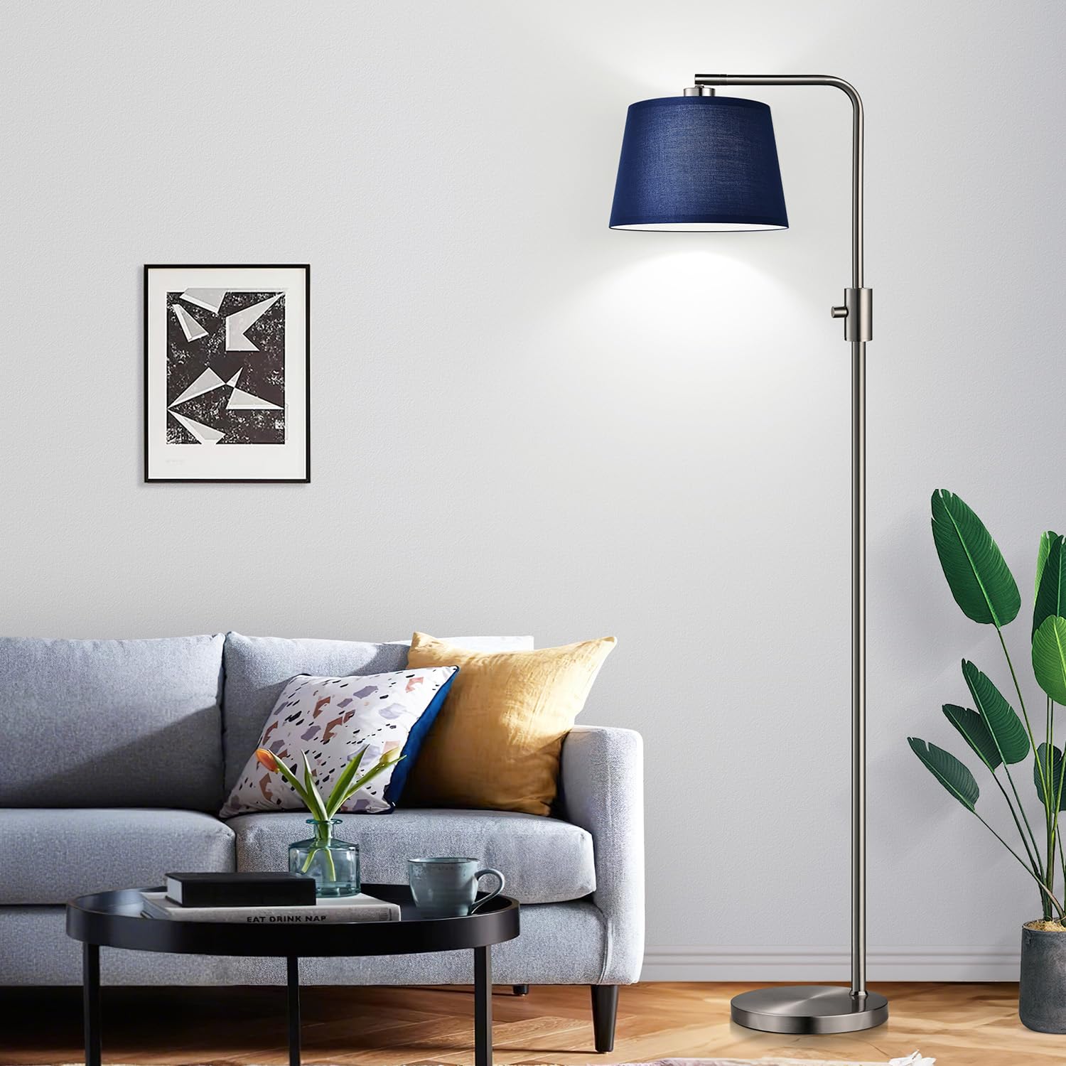 Dimmable Floor Lamp, 1000 Lumens LED Edison Bulb Included, Brushed Nickel Arc Standing Tall Floor Lamp with Blue Shade for Living Room Bedroom Office Dining Room
