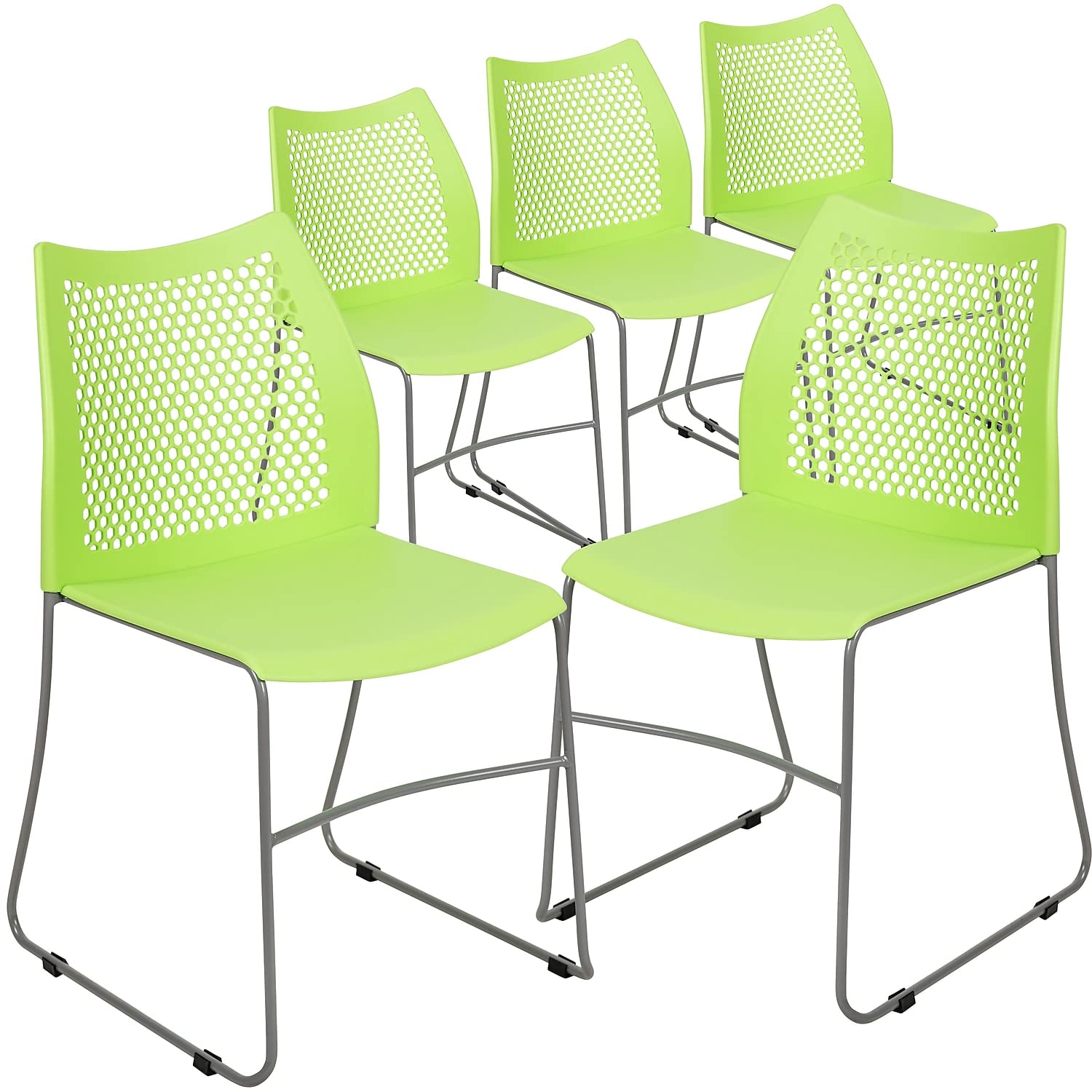 Set of 5 Green, Hercules Series Contoured Lobby Chairs with Air-Vent Honeycomb Backs, Ergonomic Stacking Chairs for Offices