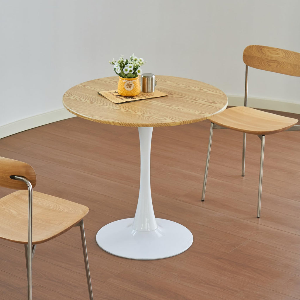 Round Dining Table, 24" Circle Tulip Table with Thickened Tabletop & Metal Pedestal, Mid Century Modern Bistro Table for Kitchen, Small Places, Living Room, Cafe (Light Brown)