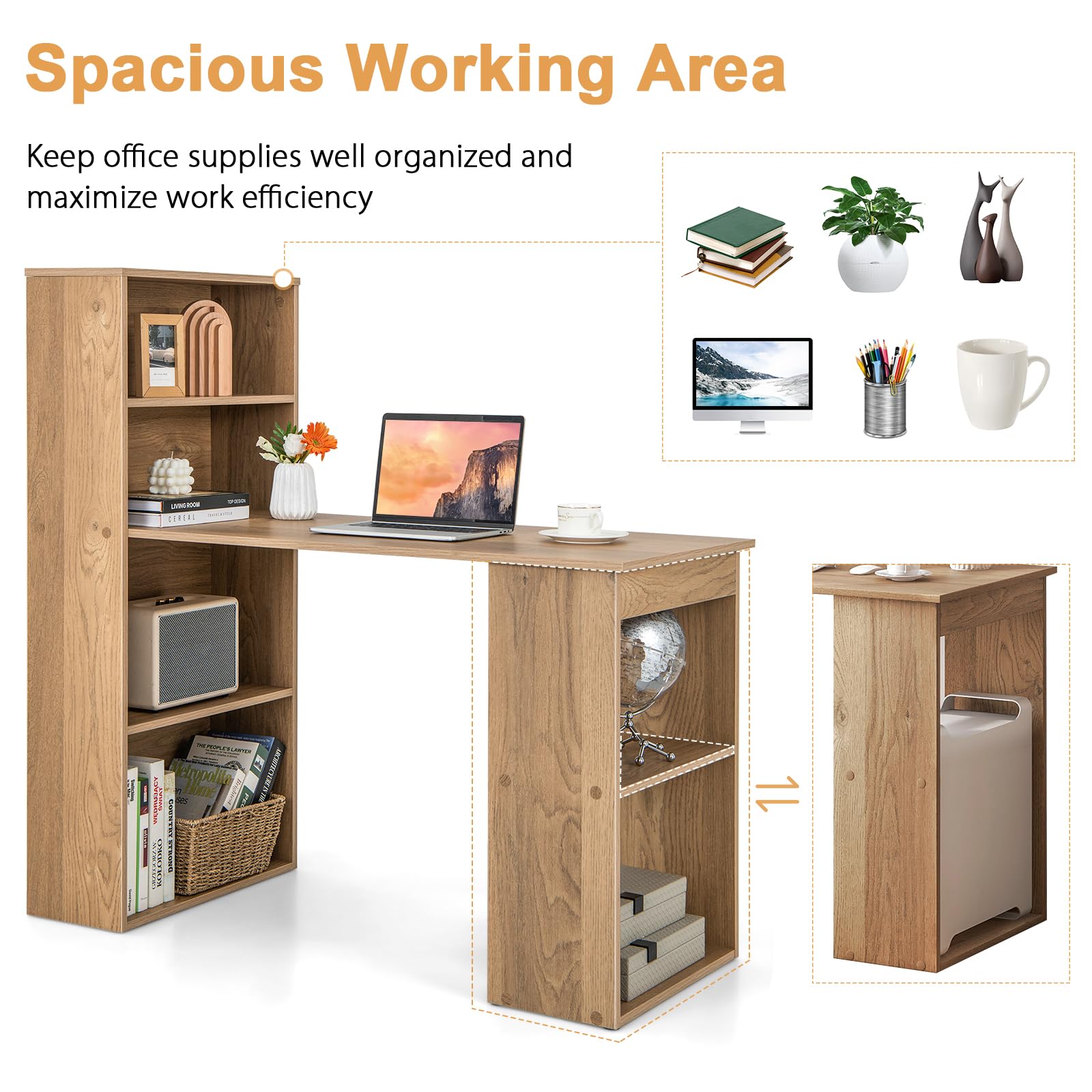 Computer Desk with Bookshelf, Writing Study Desk with Storage Shelves & CPU Stand, Modern Compact Computer Workstation for Home & Office, Space-Saving Design(Natural)