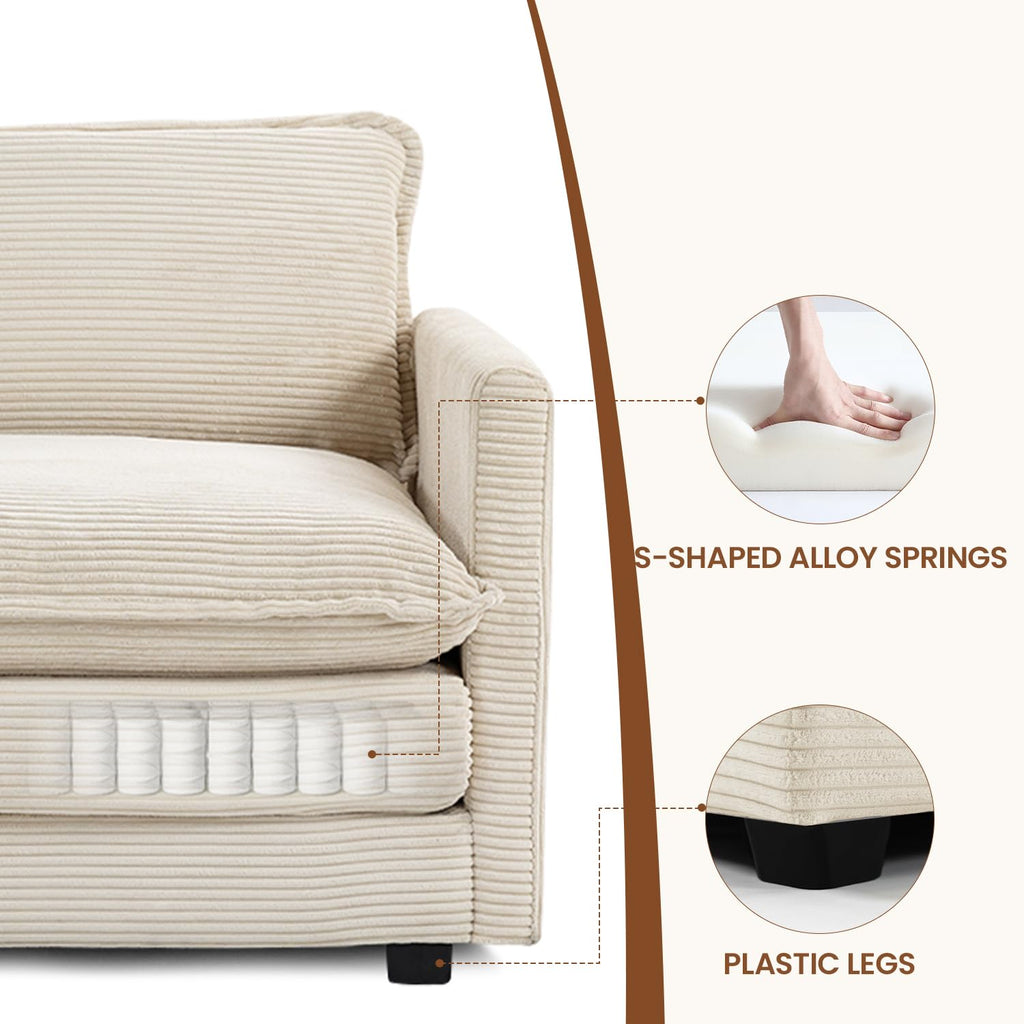 Single Armchair with Ottoman, Modern Corduroy Cloud Couch with Convertible Chaise, Upholstered Sofa Set for Living Room, Beige