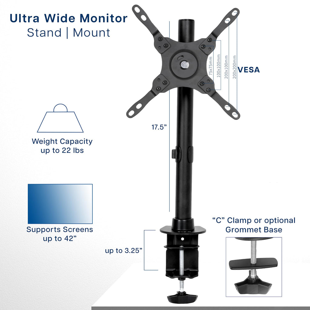 Ultra Wide Screen TV and Monitor Desk Mount, Adjustable Height and Tilt Stand for Screens up to 42 inches, Black, STAND-V101C