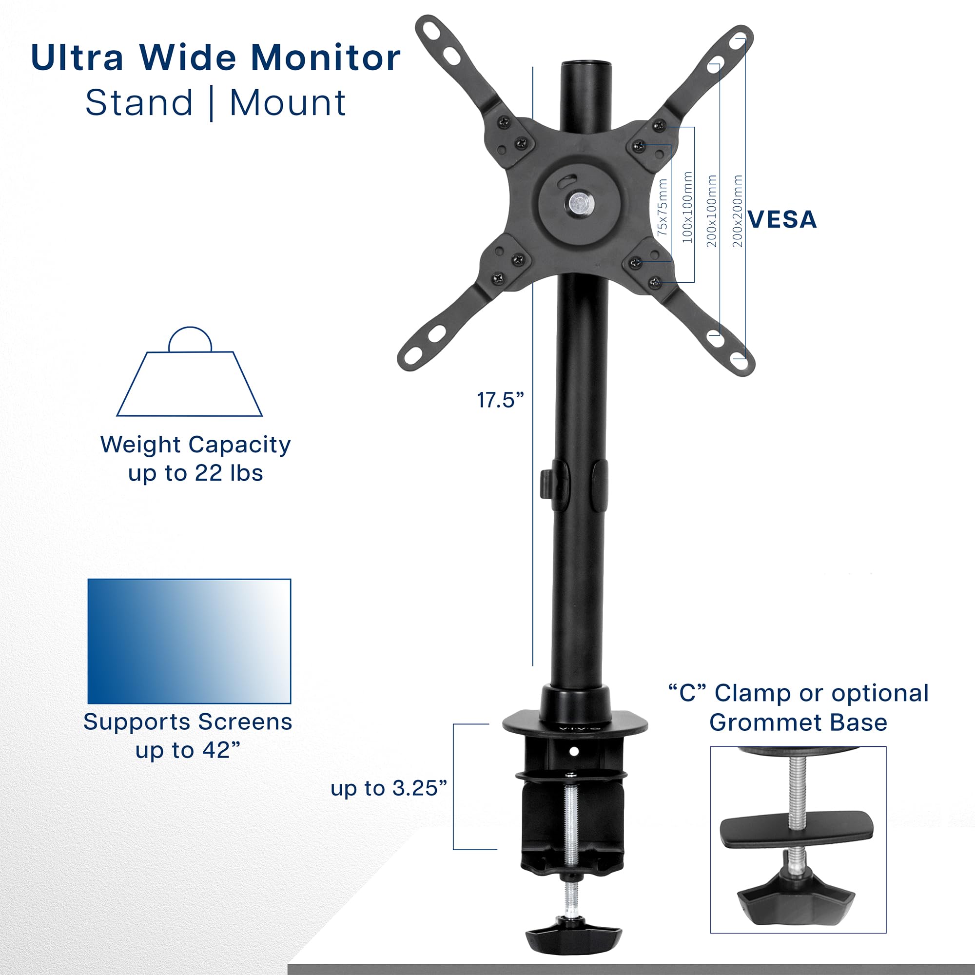 Ultra Wide Screen TV and Monitor Desk Mount, Adjustable Height and Tilt Stand for Screens up to 42 inches, Black, STAND-V101C