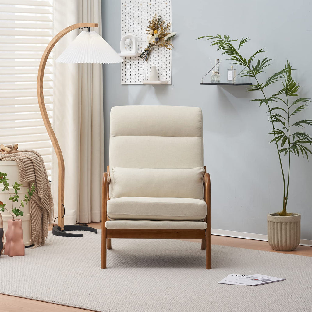 High Back Linen Beige Mid Century Modern Accent Chair, Soild Wood Padding Lounge Armchairs Side Sitting Chairs for Living Room, Bedroom, Guest Room