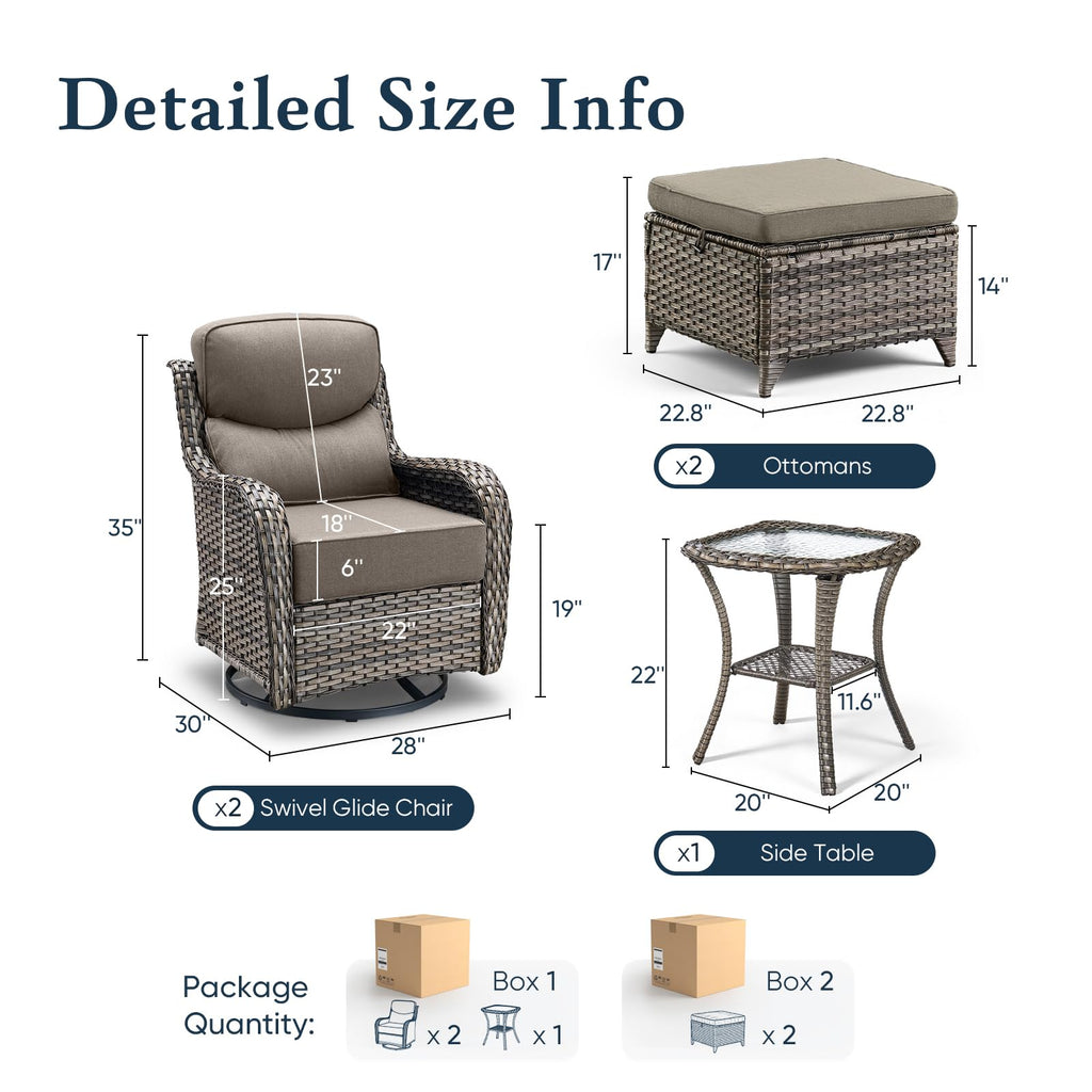 Luxury 6" Thick Cushioned 5 Pieces Patio Furniture Set with 2 Ottomans, Wicker Outdoor Conversation Set with High Back Swivel Rocker Patio Chairs for Deck Porch Yard and Poolside - Grey+Grey
