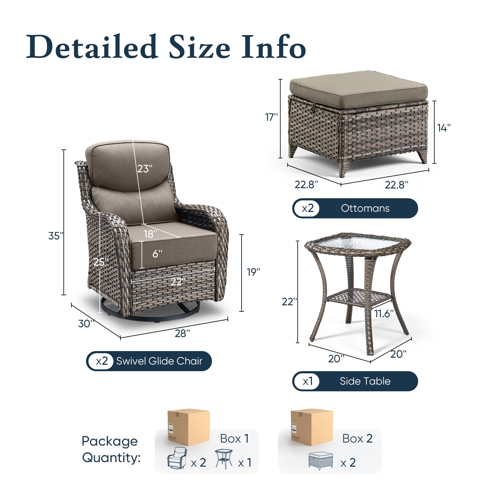 Luxury 6" Thick Cushioned 5 Pieces Patio Furniture Set with 2 Ottomans, Wicker Outdoor Conversation Set with High Back Swivel Rocker Patio Chairs for Deck Porch Yard and Poolside - Grey+Grey