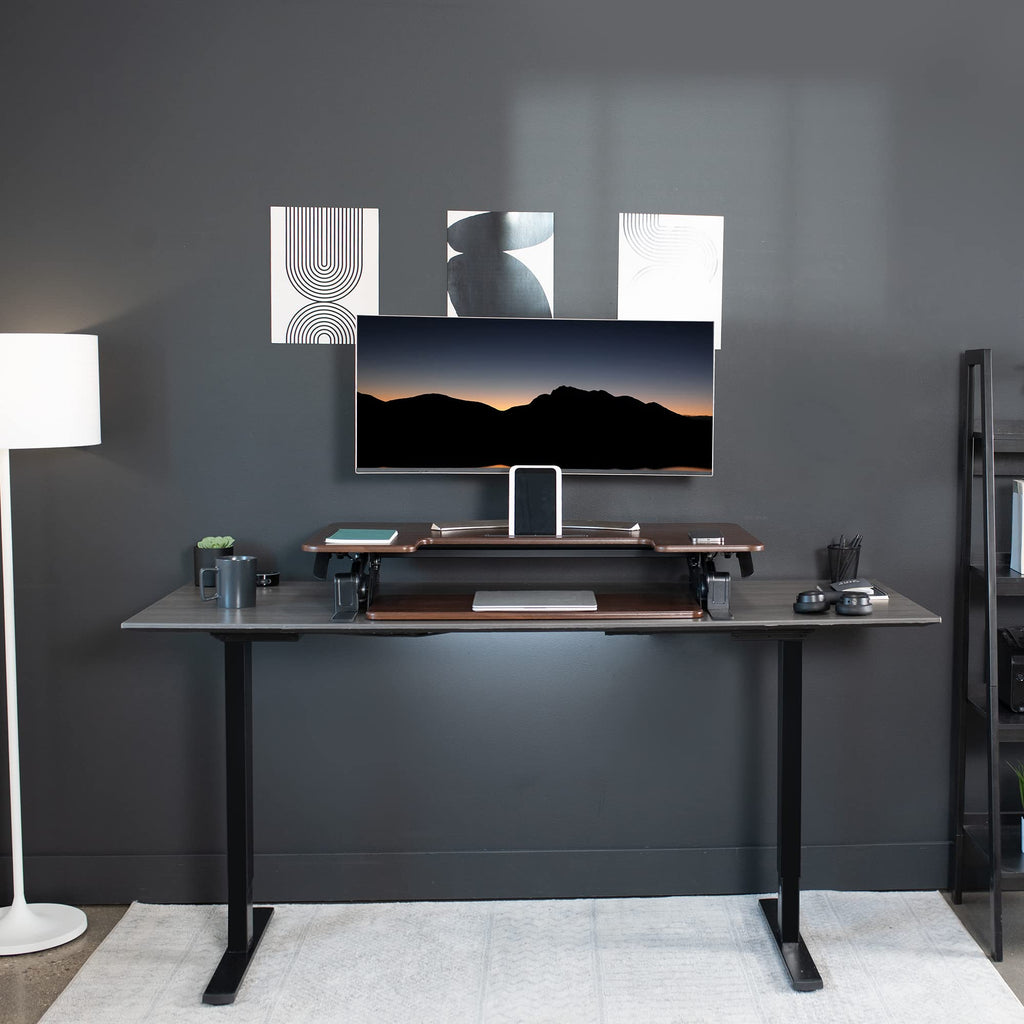 36 inch Height Adjustable Stand Up Desk Converter, V Series, Quick Sit to Stand Tabletop Dual Monitor Riser Workstation, Dark Walnut Top, Black Frame, DESK-V000VD