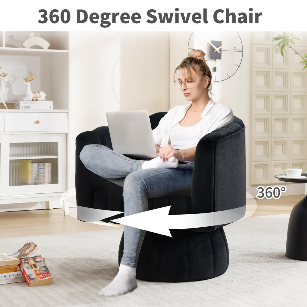 Swivel Accent Barrel Round Chair - Comfy 360° Arm Chairs Cute Small Sofa Club Velvet Reading Chair for Living Room Bedroom Office - Black