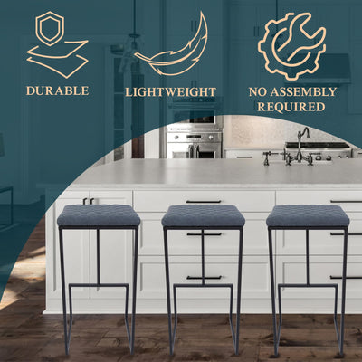 Counter Height Bar Stools, Modern Industrial Backless Counter Stools for Kitchen Island, Dining Counter & Home Bar, Faux Leather Upholstered Seats with Metal Frame, Set of 2, Blue