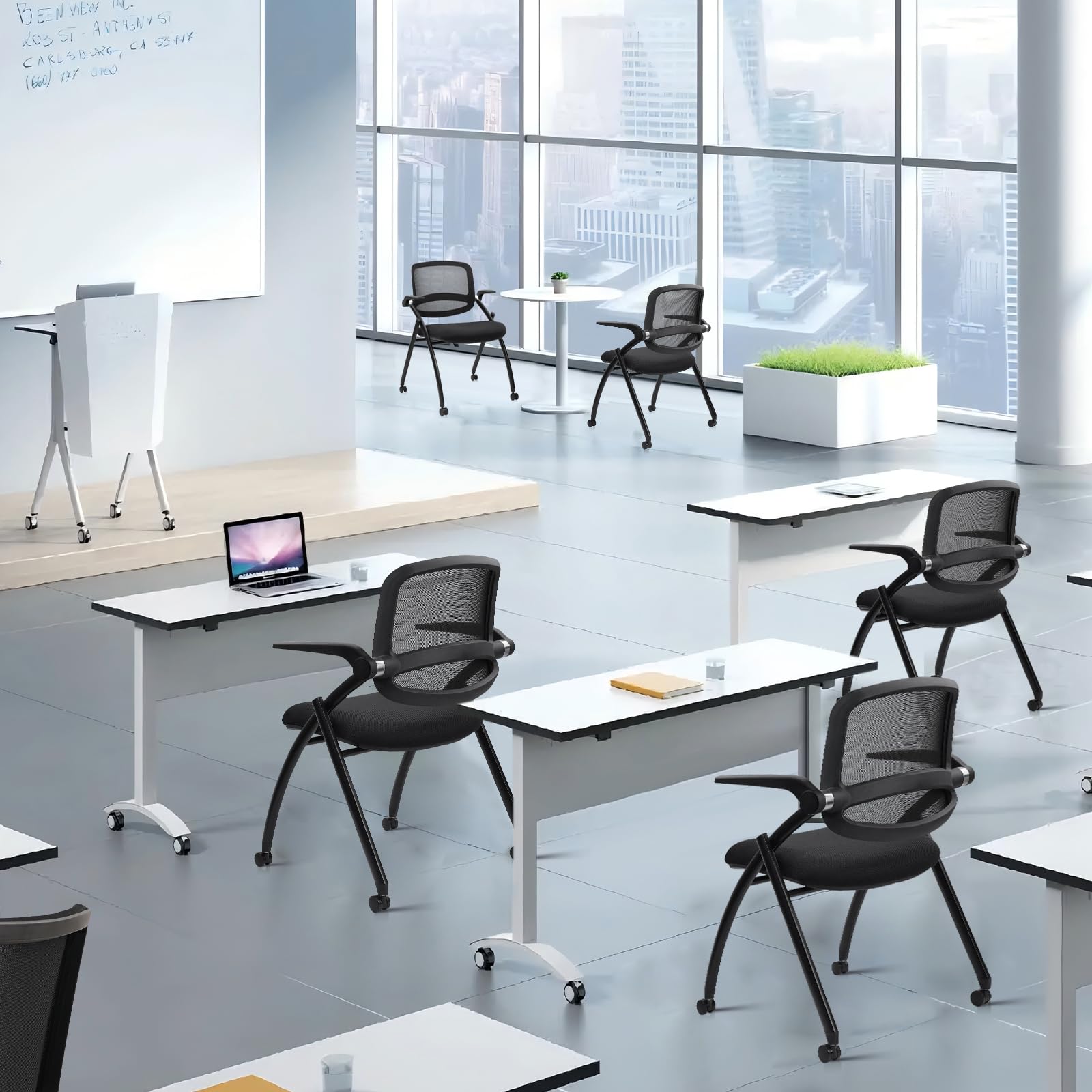 4PACK, Stackable & Foldable Chairs with Flip Up Armrests, Reception Guest Chairs with Wheels, Ergonomic Curved Mesh Back Folding Chair for Office Meeting Schools Conference Waiting Room