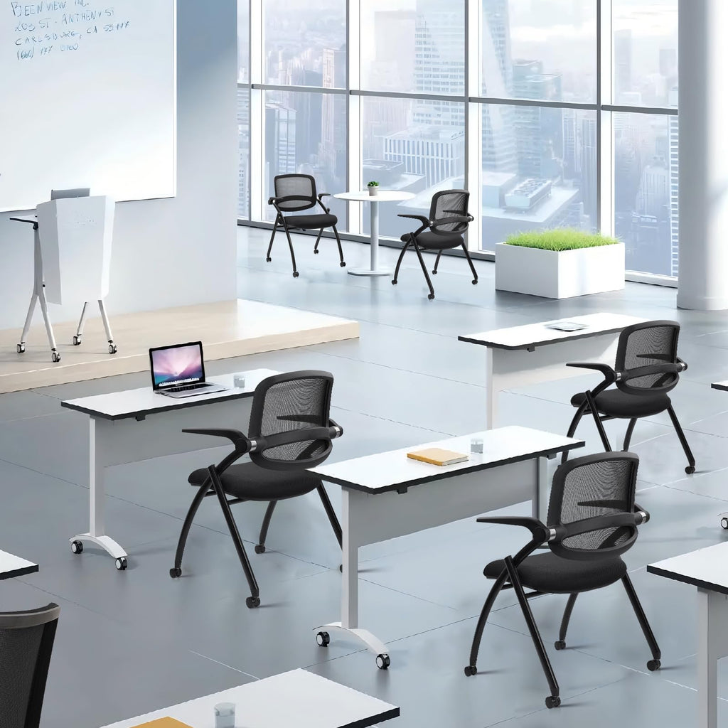10PACK, Stackable & Foldable Chairs with Flip Up Armrests, Reception Guest Chairs with Wheels, Ergonomic Curved Mesh Back Folding Chair for Office Meeting Schools Conference Waiting Room,