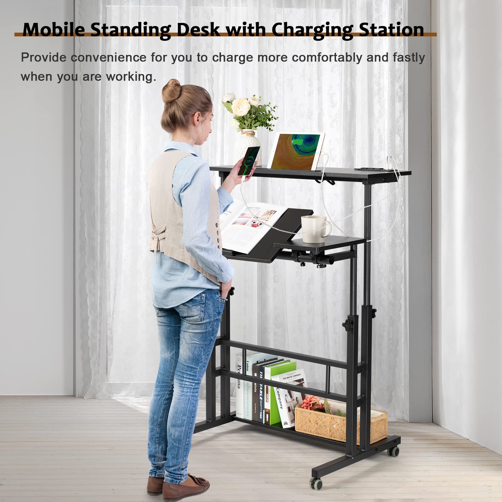 Stand Up Desk, Rolling Desk Adjustable Height, Mobile Standing Desk with Wheels & Charging Station, Portable Stand for Laptop, Rolling Computer Cart TV Tray, Small Standing Desk Drawing Table