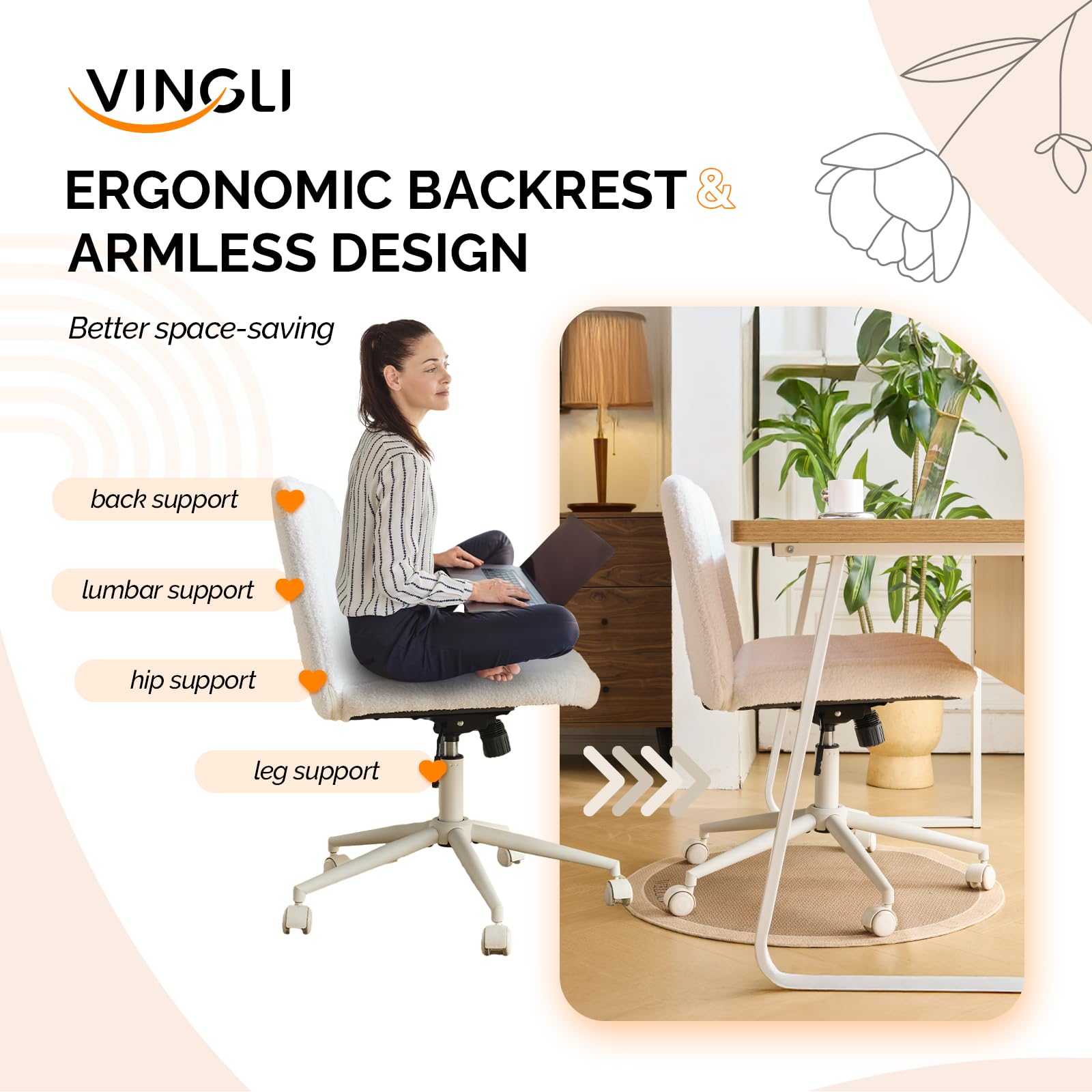 Criss Cross Legged Chair,Wide Comfy Office Desk Chair,Dual-Use with/no Wheels Computer Task Chair,Swivel Armless Vanity Boucle Chair for Study,Make Up,Home Office,Teddy Fleece,White