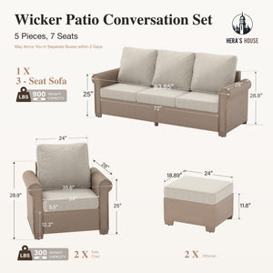 5 Pieces Patio Furniture Set, All Weather 7 Seats Outdoor Wicker Sofa with Ottoman, 5.5