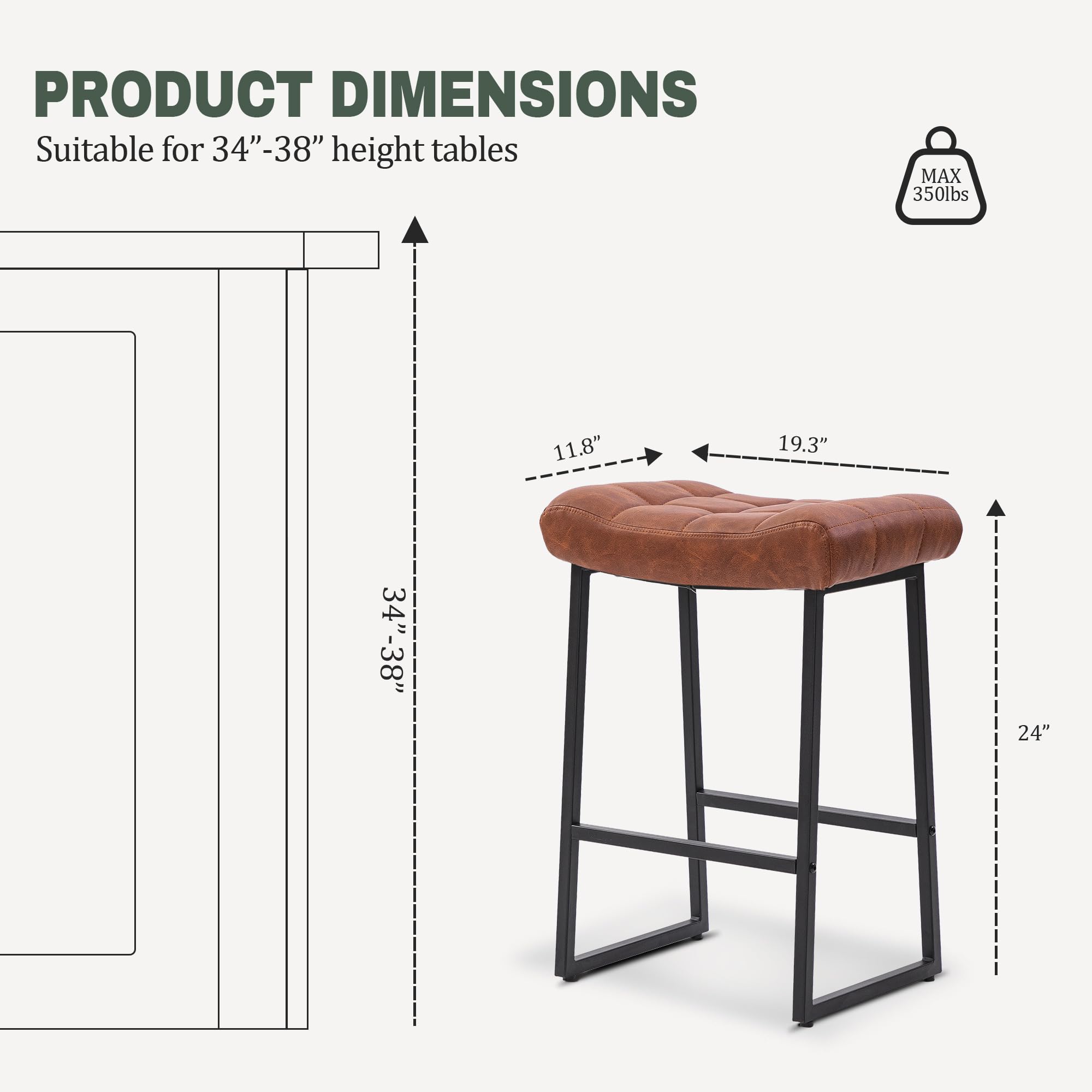 Modern Bar Stools Set of 4 for Kitchen Counter 24 inch Counter Height Backless Barstools with Upholstered Faux Leather Saddle Seat and Metal Frame Industrial Bar Chairs, Brown