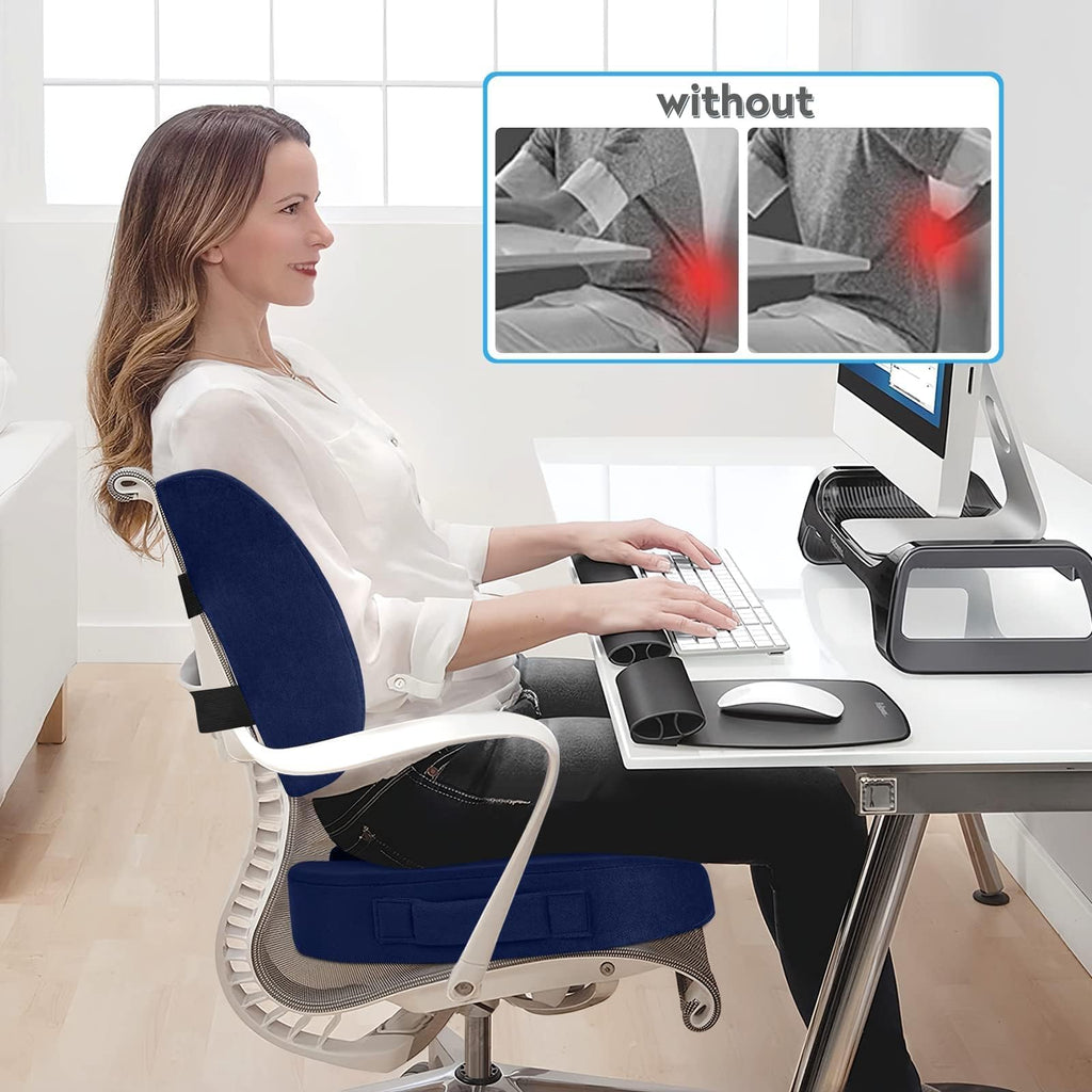 Lumbar Support Pillow & Seat Cushion Set for Office Chair, Desk Chair, Wheelchair & Car – Memory Foam Back Support, Ergonomic Chair Cushions, Sciatica Pain Relief, Home Essentials, Blue