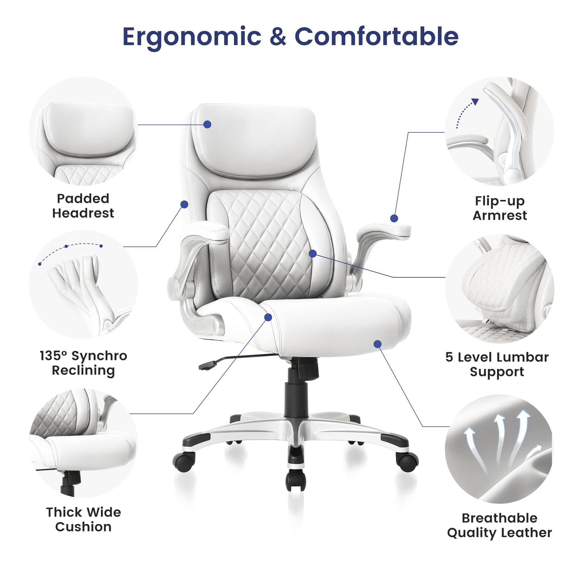Ergonomic Office Chair Premium Leather Adjustable Lumbar Support & Armrests, High Back Comfy Desk Gaming Chairs Executive Computer Swivel Chair Tilt Function(Posture,White)