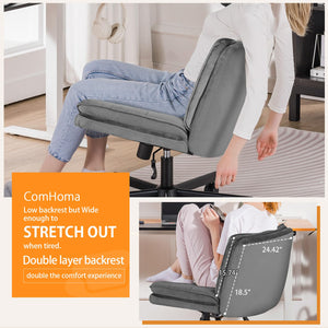 Cross Legged Office Chair with Wheels Armless-Office Desk Chair, Modern Vanity Computer Task Chairs for Home Bedroom, Comfortable Wide Seat for Lower Back Pain Relief, Soft Velvet, Gray