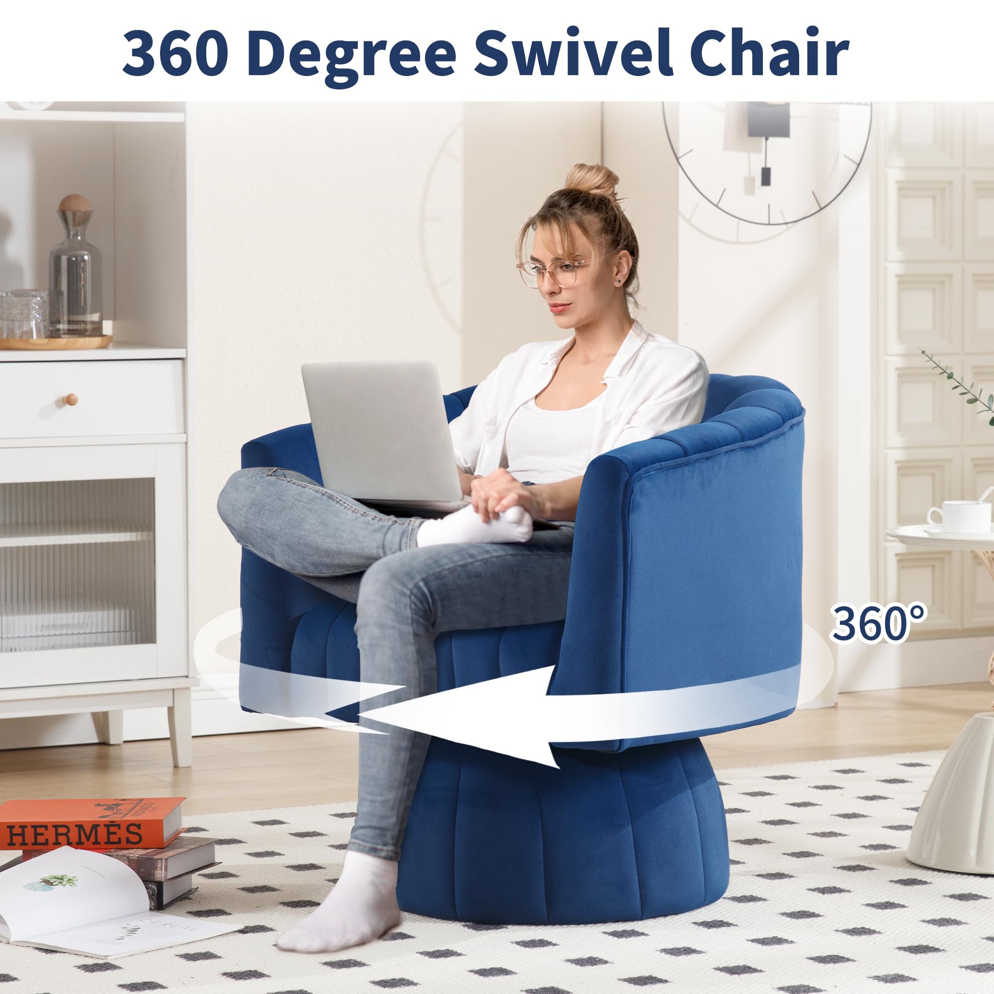 Swivel Accent Barrel Chair - Cute Comfy Small Round 360° Arm Chair Velvet Sofa Club Reading Chair for Living Room Bedroom Office Dark Blue
