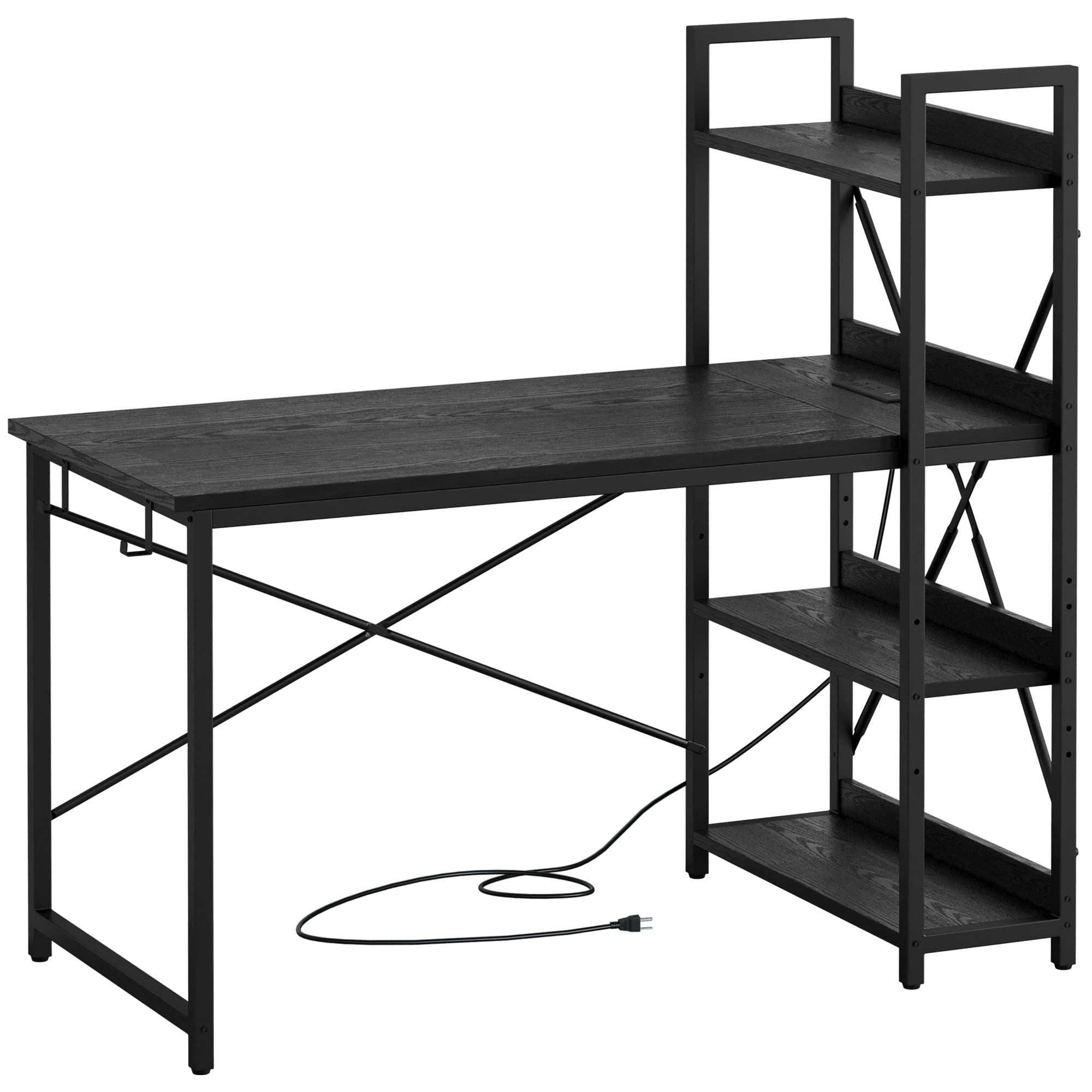 Computer Desk 47" with Power Outlet and Storage Shelves, Study Writing Table with USB Ports Charging Station, PC Desk Workstation for Home Office, Black