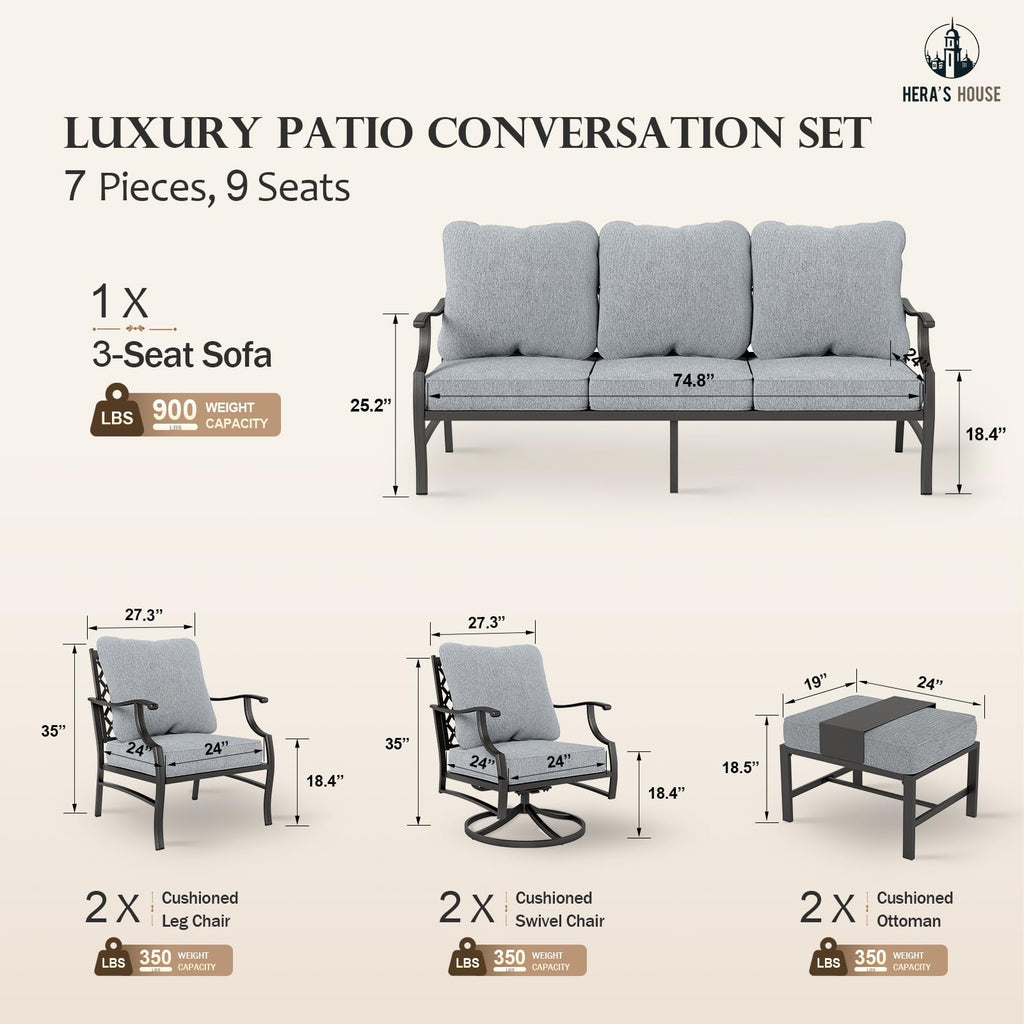 7 Piece Patio Furniture Set, 2 x Swivel Chair, 2 x Fixed Chair, 2 x Ottoman, 1 x 3-Seat Sofa, All Cushioned Outdoor Conversation Set for Lawn Garden Backyard, Grey