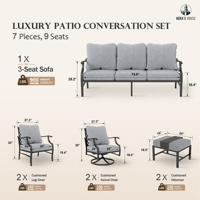 7 Piece Patio Furniture Set, 2 x Swivel Chair, 2 x Fixed Chair, 2 x Ottoman, 1 x 3-Seat Sofa, All Cushioned Outdoor Conversation Set for Lawn Garden Backyard, Grey
