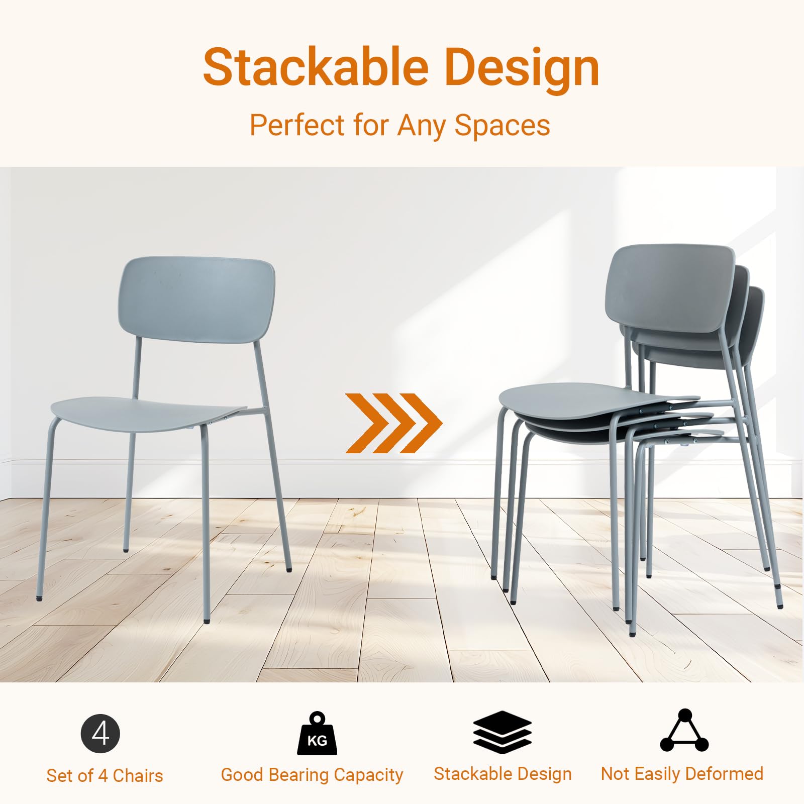 Stacking Chairs Set of 4, Office Guest Chairs with Metal Legs, Stacking Office Chairs for Conference Reception Church Lobby, Capacity 300lbs, Gray
