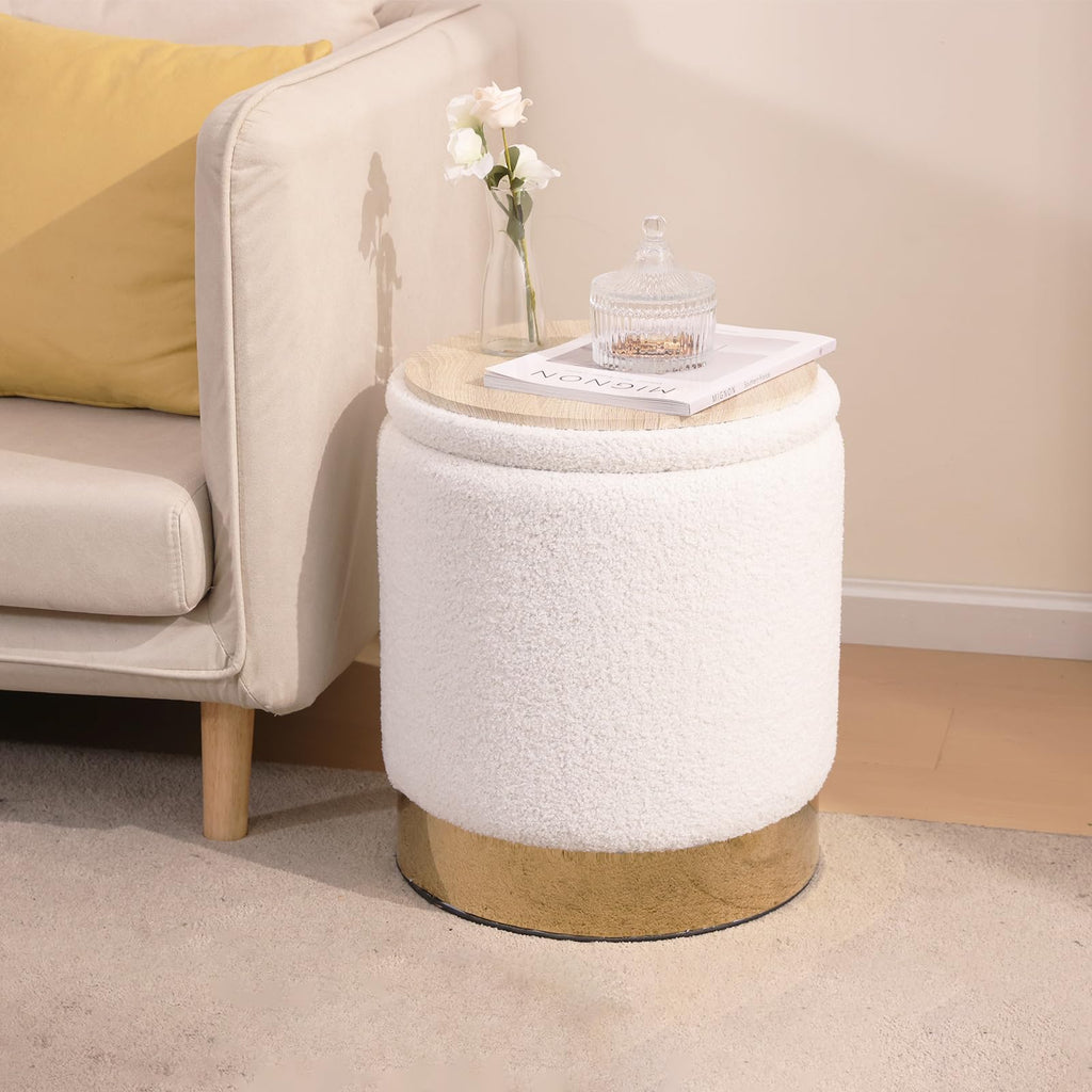 Sherpa Round Ottoman Set of 2 with Storage, 12 Gallon Hidden Storage Ottoman, Multi-Functional Footrest Stool, Vanity Seat, Coffee Table, No Assembly Required, Holds 300lbs (Teddy White)