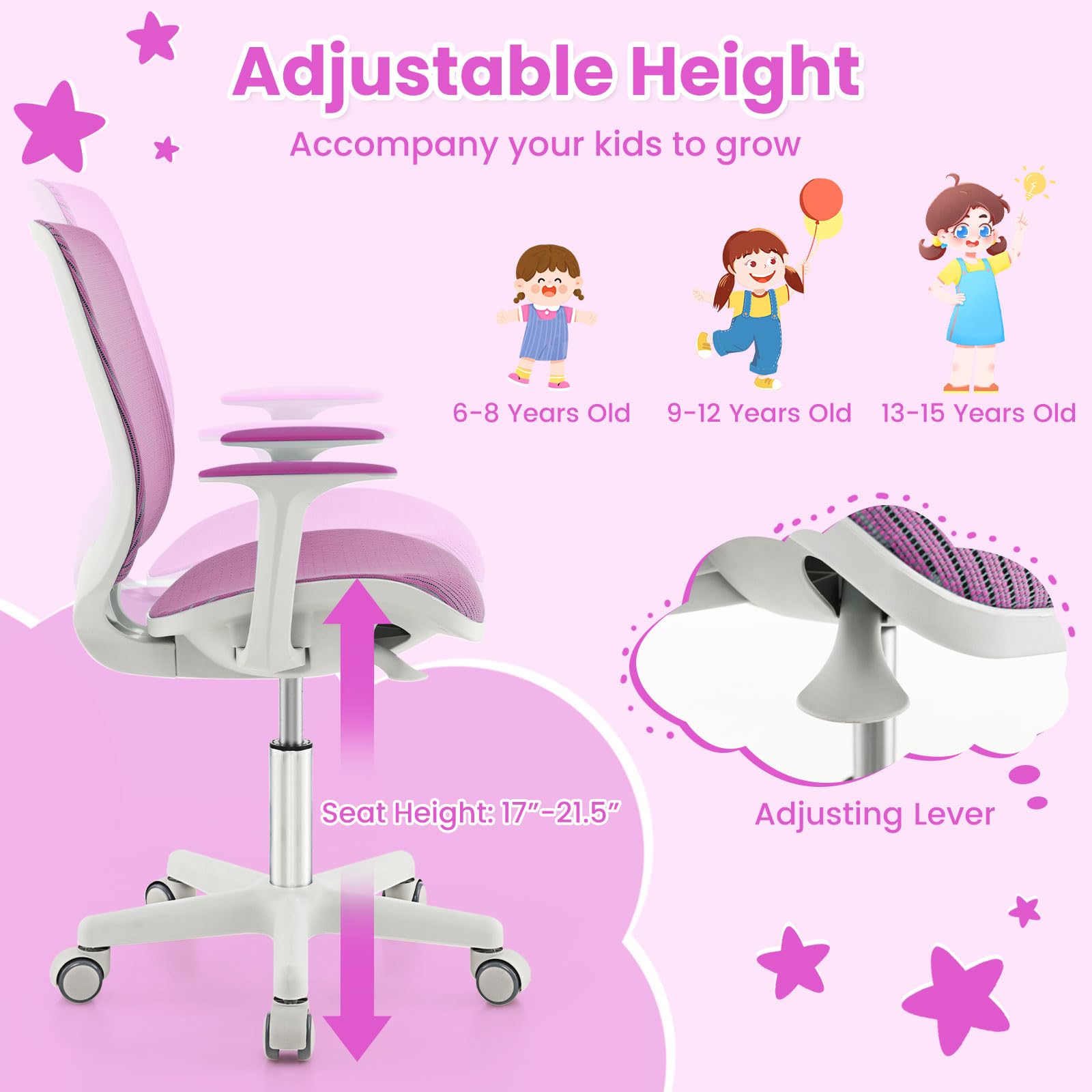 Kids Desk Chair, Height Adjustable Children Study Computer Chair with Armrests, Sit-Brake Casters, Swivel Mesh Task Chair for Boys Girls Teens Students, Kids Chair for Home, Office (Purple)