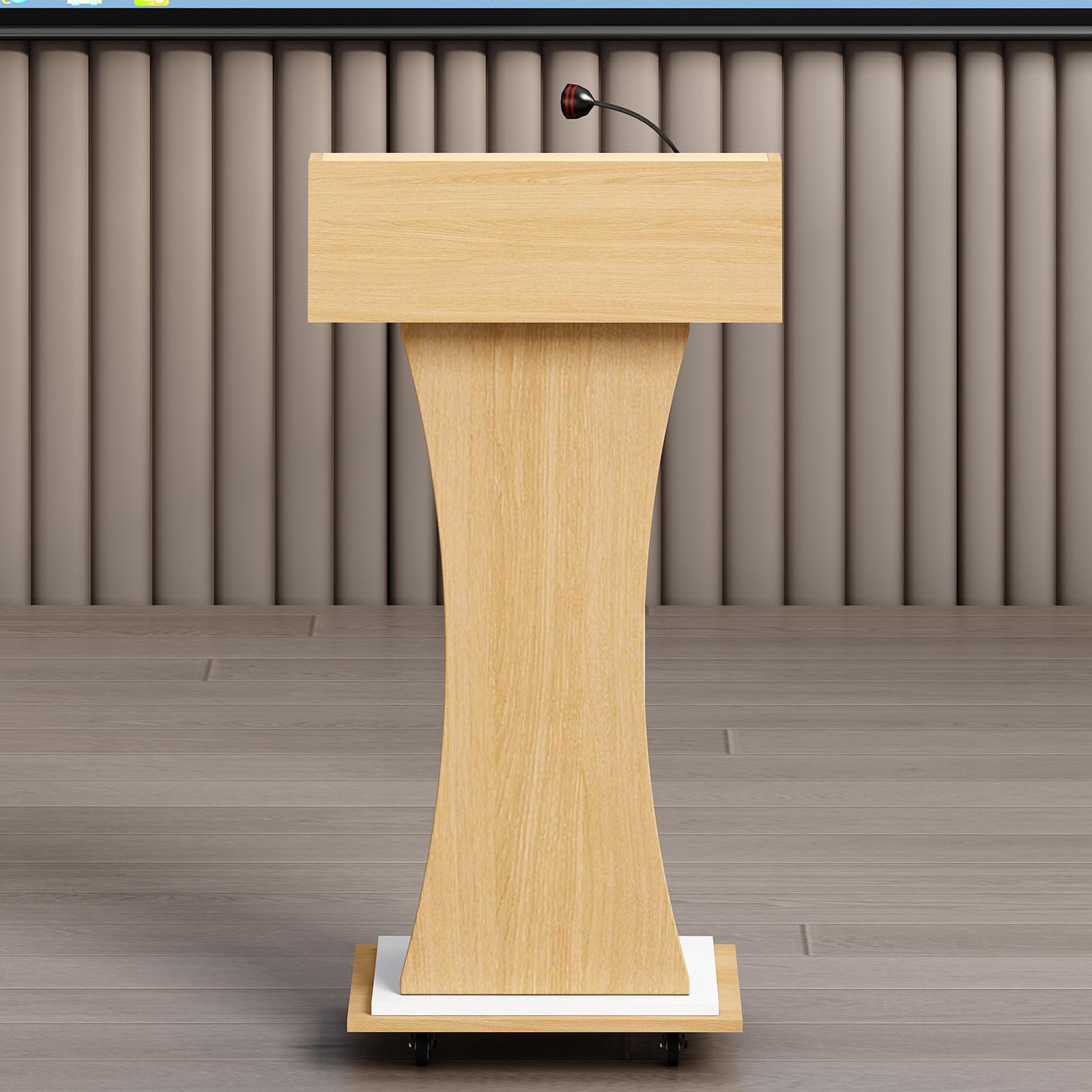 Mobile Wooden Podium Stand with Lockable Wheels Modern Presentation Blockboard Lectern Oak Color with Storage Shelves for Office, Church, Classroom, Conference Room