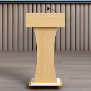 Mobile Wooden Podium Stand with Lockable Wheels Modern Presentation Blockboard Lectern Oak Color with Storage Shelves for Office, Church, Classroom, Conference Room