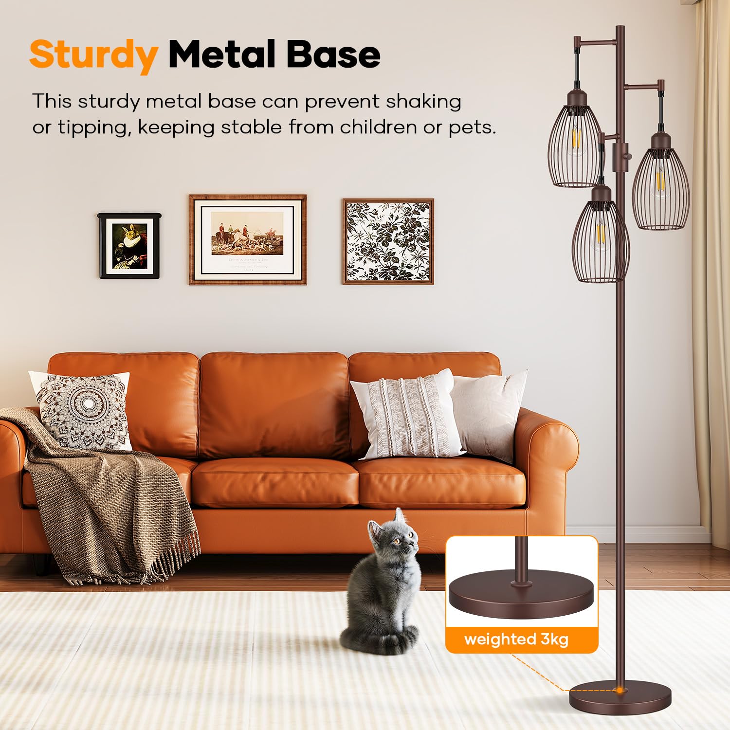 Dimmable Floor Lamp,3x800LM LED Bulbs Included, Farmhouse Industrial Floor Lamp Standing Tree Lamp with Teardrop Cage Head Tall Lamp for Living Room Bedroom Office Dining Room - Matte Brown