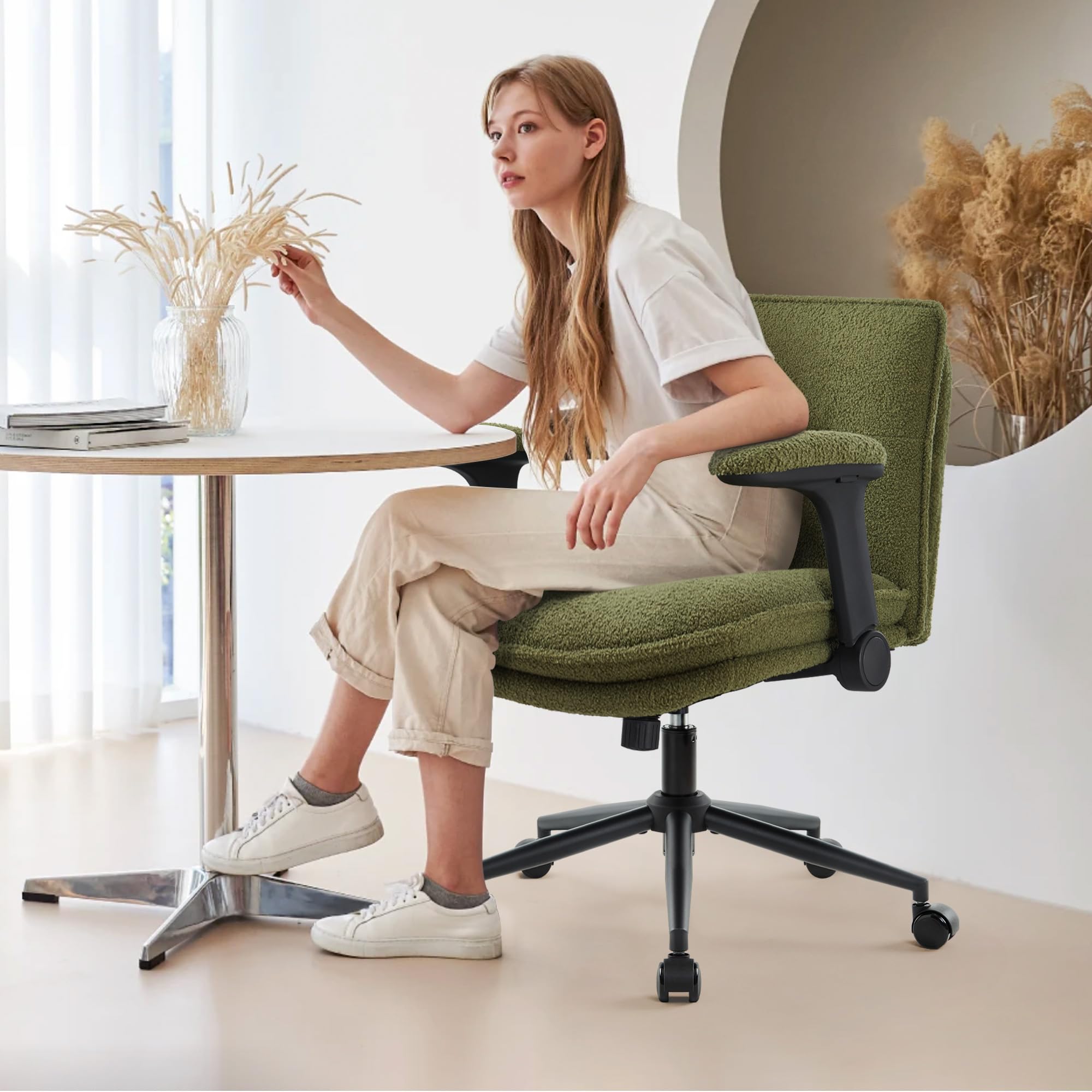 Criss Cross Legged Office Chair with Wheels and Flip-Up Arms, Ergonomic Wide Seat Desk Chair with Thick Padded, Height Adjustable Criss Cross Chairs for Home Office, Bedroom,Vanity,Green