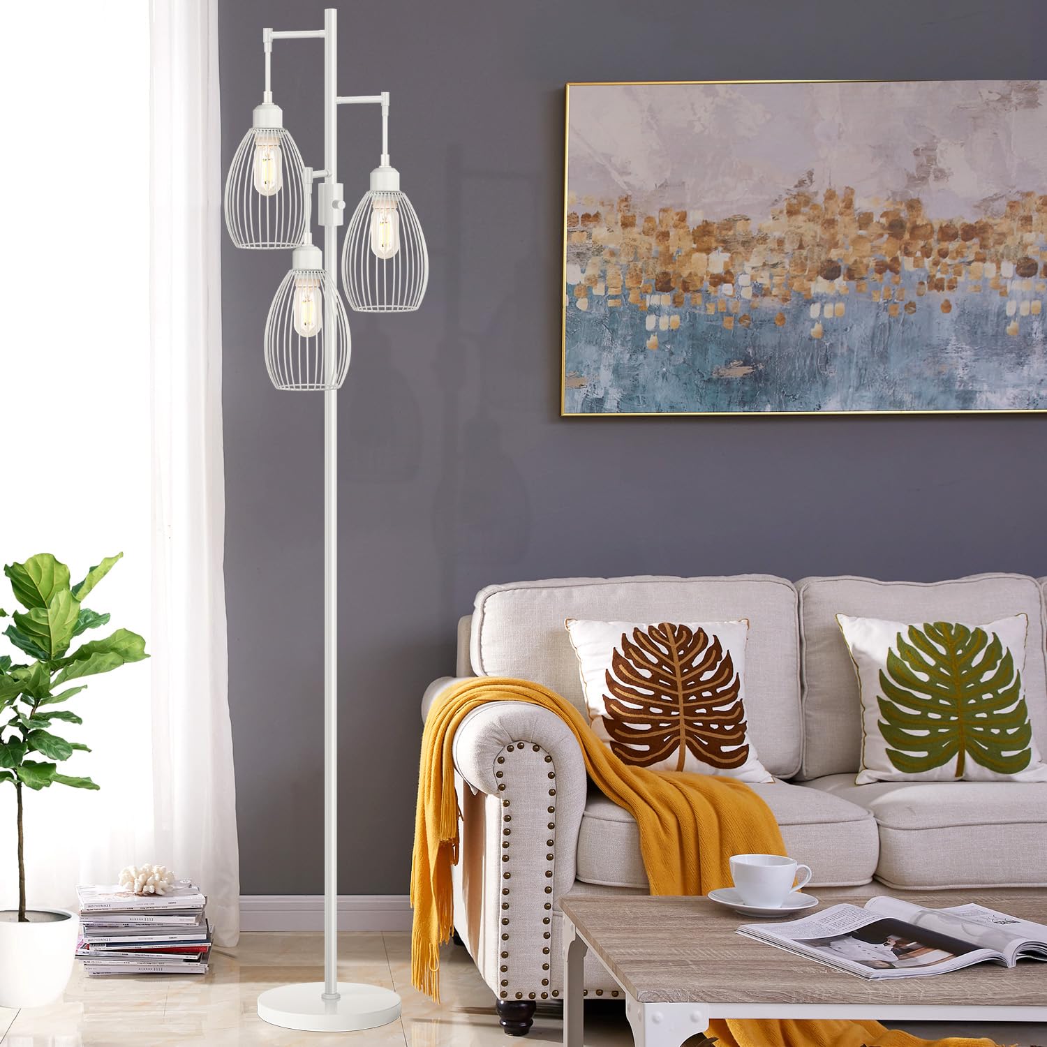 Dimmable Floor Lamp, 3 x 800LM LED Edison Bulbs Included, Farmhouse Industrial Floor Lamp Standing Lamp with Elegant Teardrop Cage Head Tall Lamp for Living Room Bedroom Office Dining Room - White