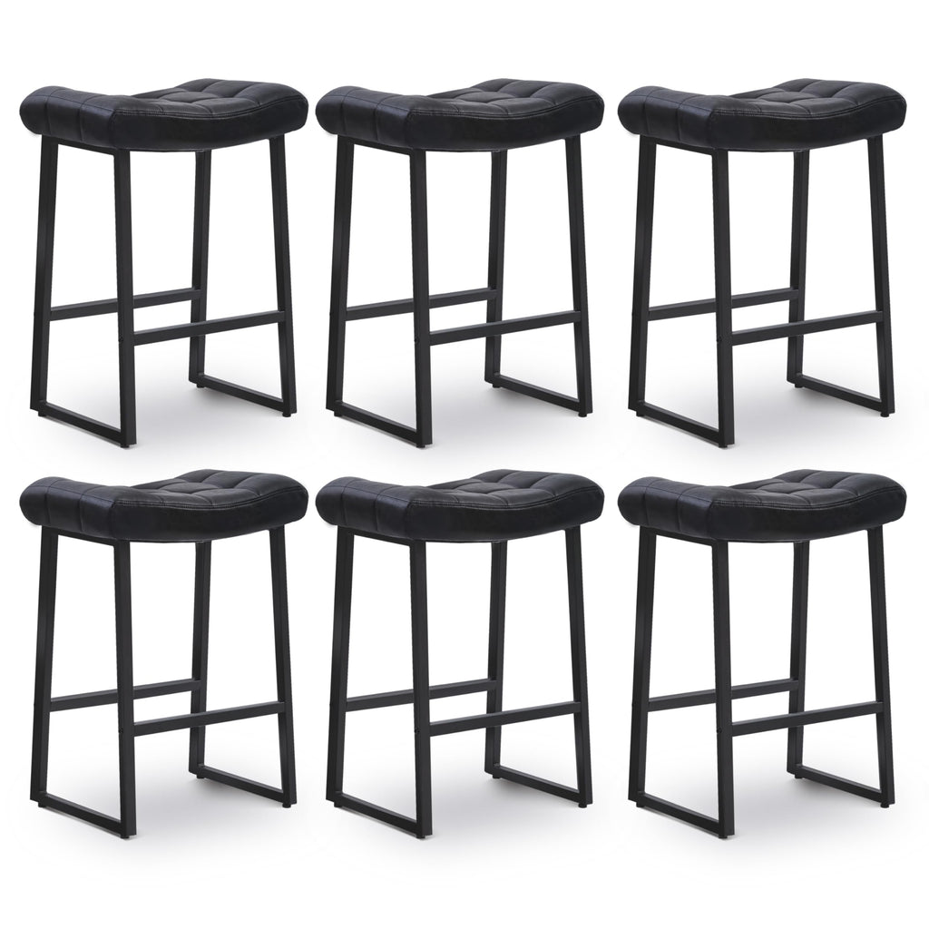 Black Bar Stools Set of 6 for Kitchen Island Counter Height Stools Modern Backless Barstools with Upholstered Faux Leather Saddle Seat and Metal Frame Industrial Bar Chairs, 24 inch