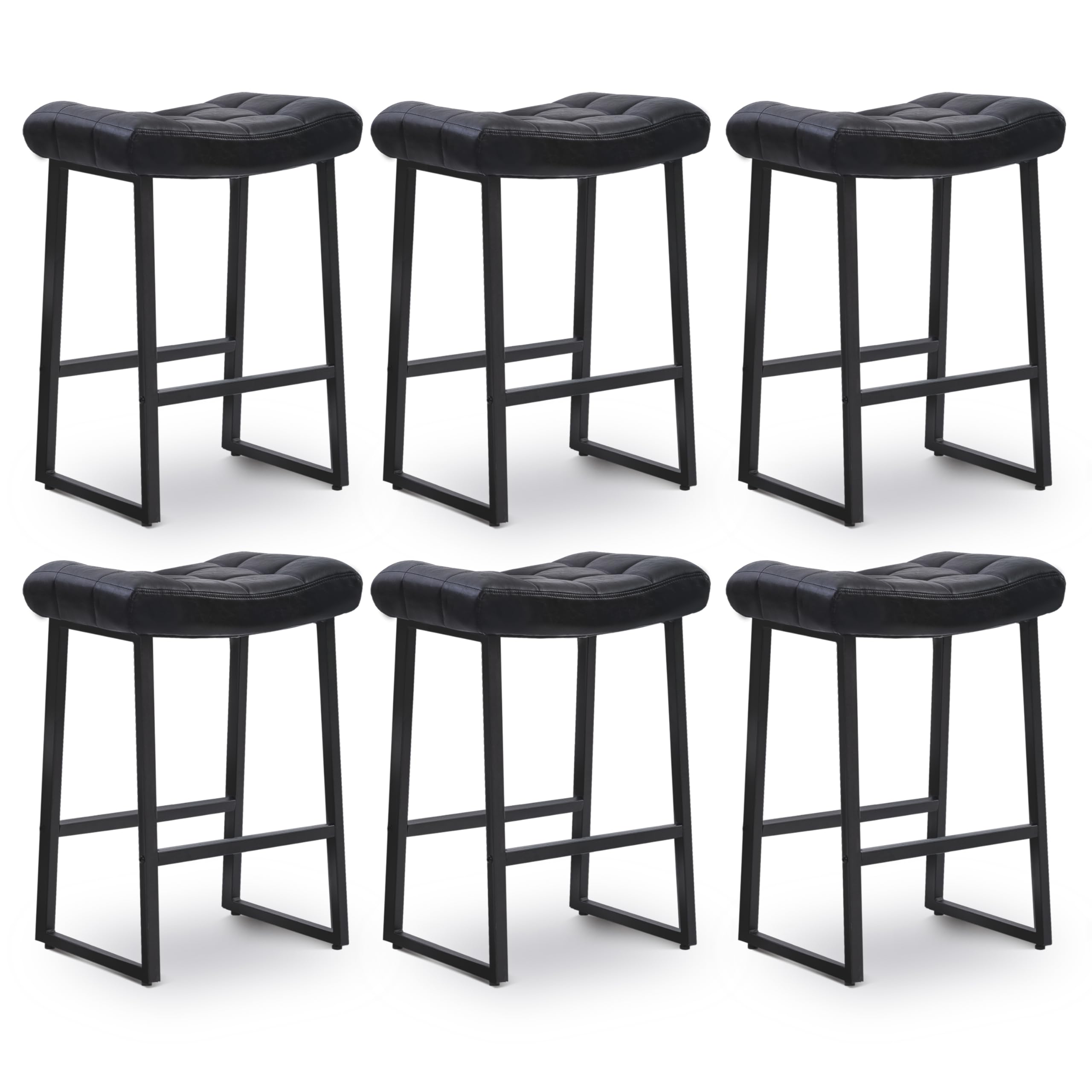 Black Bar Stools Set of 6 for Kitchen Island Counter Height Stools Modern Backless Barstools with Upholstered Faux Leather Saddle Seat and Metal Frame Industrial Bar Chairs, 24 inch