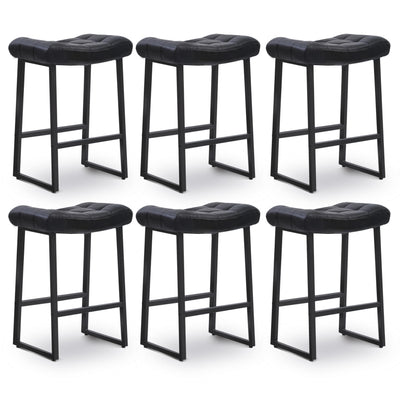 Black Bar Stools Set of 6 for Kitchen Island Counter Height Stools Modern Backless Barstools with Upholstered Faux Leather Saddle Seat and Metal Frame Industrial Bar Chairs, 24 inch