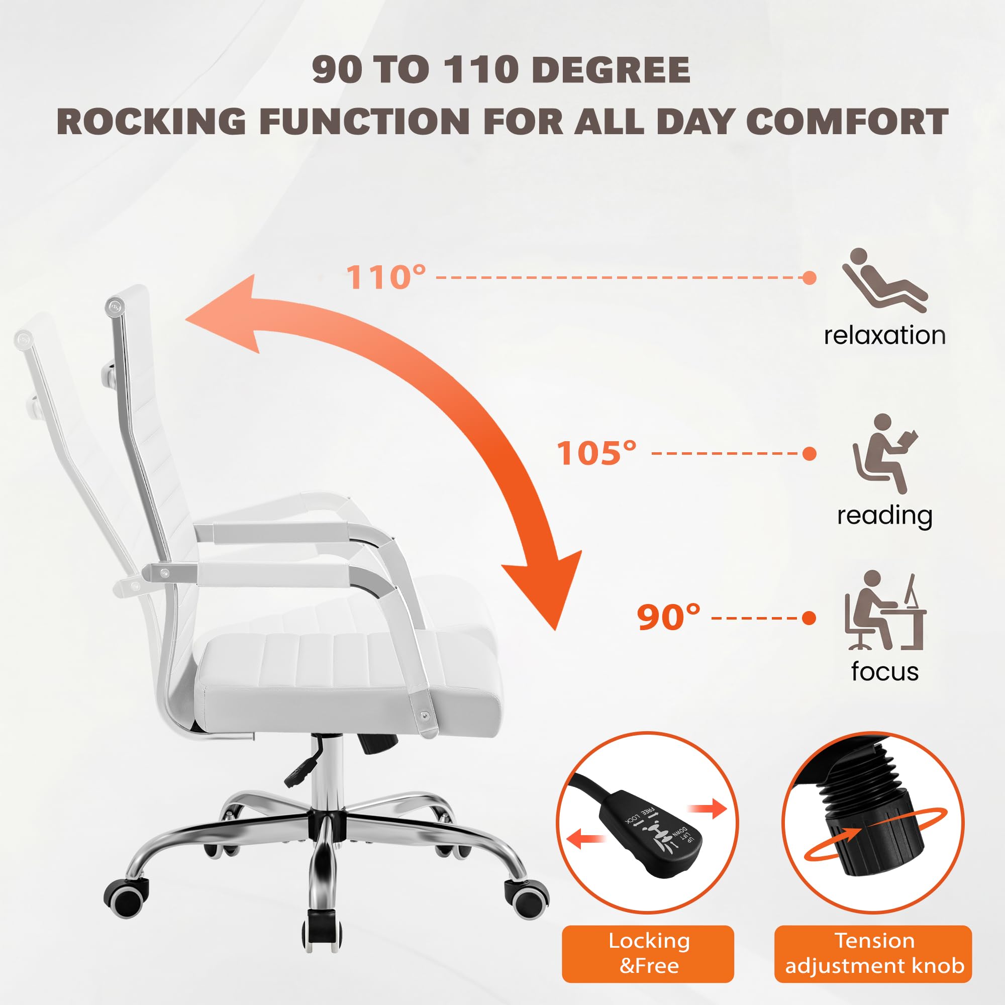 Ergonomic Office Desk Chair, Executive Ribbed Mid-Back PU Leather Conference Room Chair Adjustable Swivel Chair with Arms (1, White)