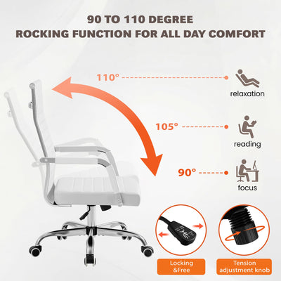 (4 pcs, White) Ergonomic Office Desk Chair, Executive Ribbed Mid-Back PU Leather Conference Room Chair Adjustable Swivel Chair with Arms