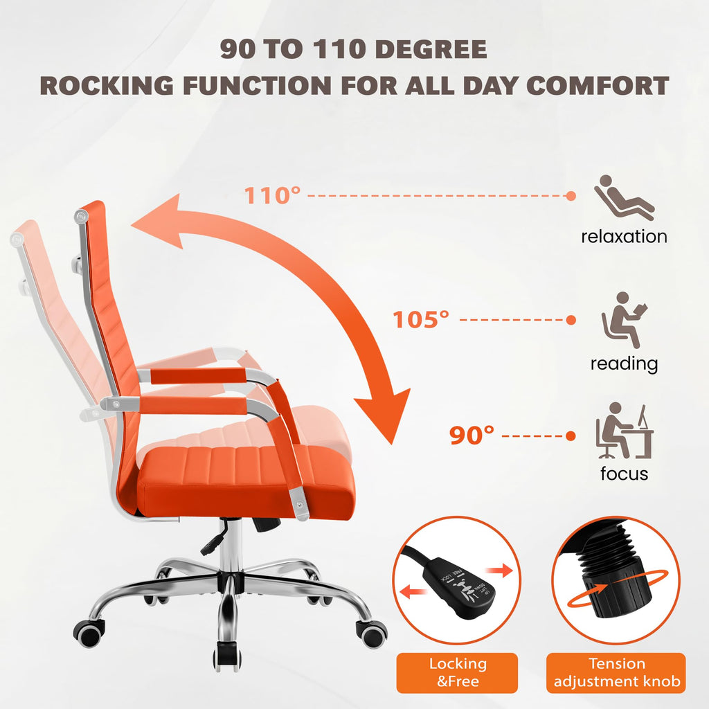 Ergonomic Office Desk Chair, Executive Ribbed Mid-Back PU Leather Conference Room Chair Adjustable Swivel Chair with Arms (2, Orange)