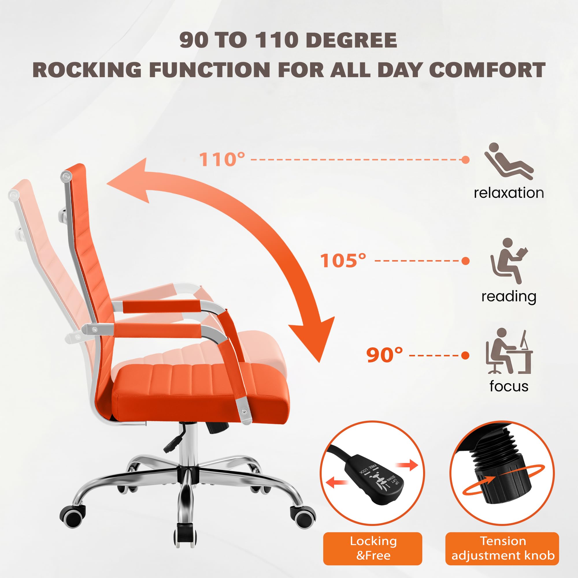 Ergonomic Office Desk Chair, Executive Ribbed Mid-Back PU Leather Conference Room Chair Adjustable Swivel Chair with Arms (2, Orange)