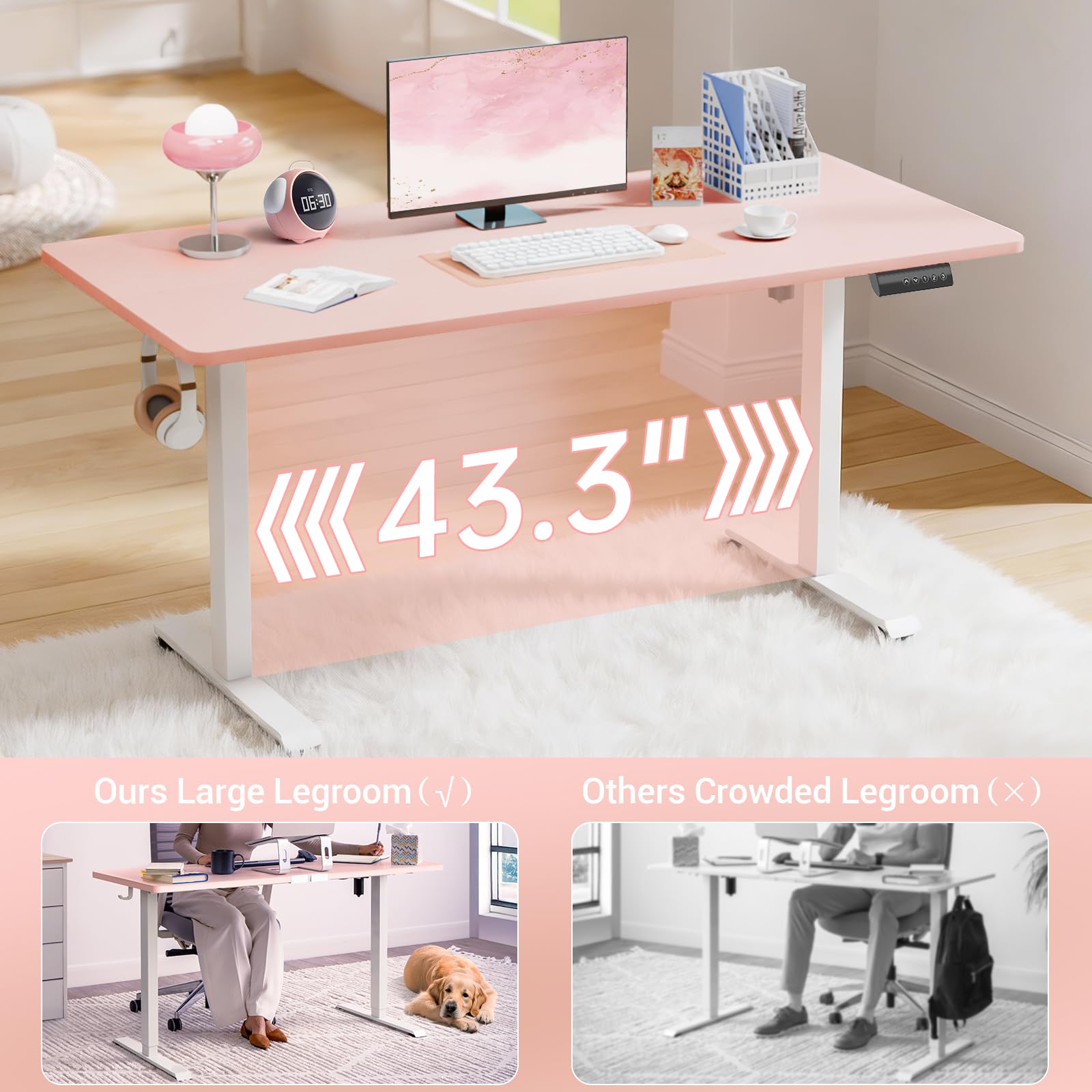 55 Inch Large Electric Standing Desk, 4 Memory Heights Adjustable,Sit to Stand Up, Work Home Office Computer Table for Study, Walking Pad, Writing, and Games, Wooden Desktop Desks, Pink