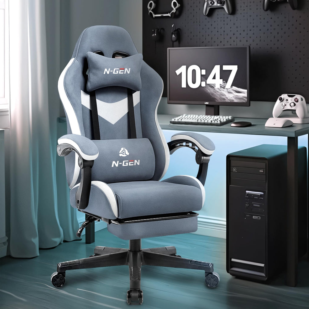 Video Gaming Chair with Footrest Lumbar Support for Home Office High Back Recliner Height Adjustable Ergonomic Comfy Fabric Computer Desk Chair (Blue)