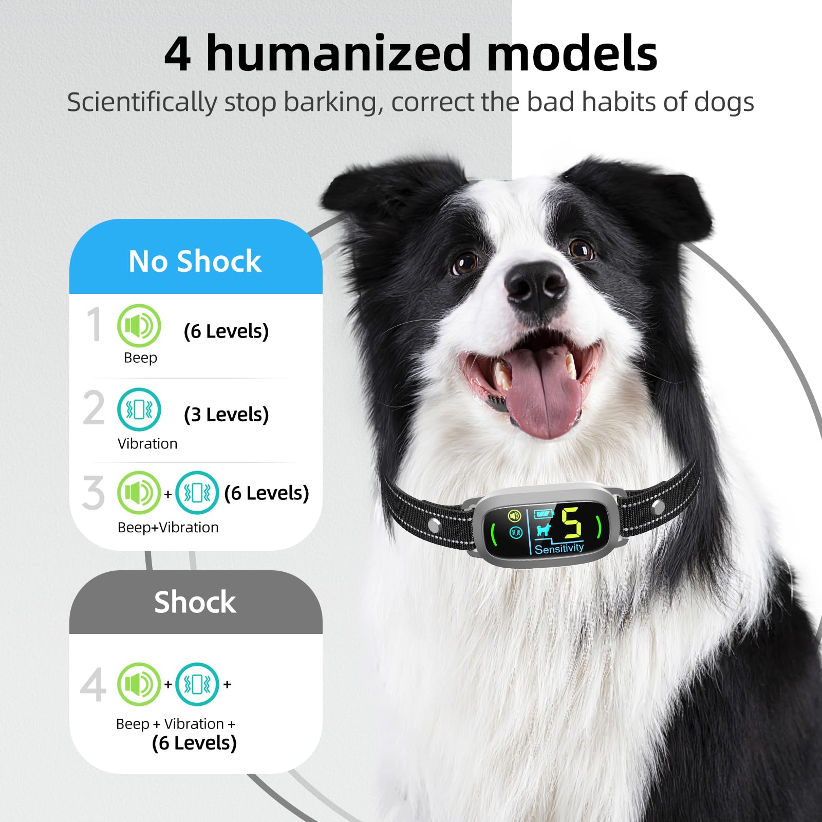 Dog Bark Collar for Large Medium Small Dogs, Rechargeable Smart Bark Collar, Anti Barking Training Collar with 5 Adjustable Sensitivity Beep Vibration (Grey)
